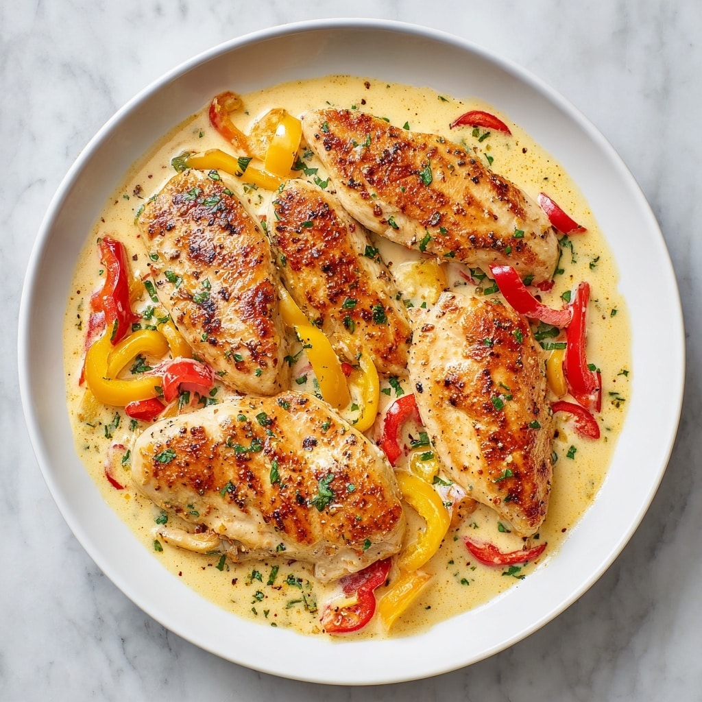 The image shows a white plate with a baked potato topped with creamy sauce, pieces of chicken, and pepperoncini peppers. The potato is cut open to reveal its fluffy inside, covered generously with a pale yellow sauce with black pepper specks. On top and around the potato, there are green-yellow peppers and small pieces of pinkish chicken with a textured, slightly crispy surface. A fork is placed on the plate, resting near the food, and fresh green parsley is visible in the background on a white marbled surface. The photo taken with an iphone --ar 4:5 --v 7