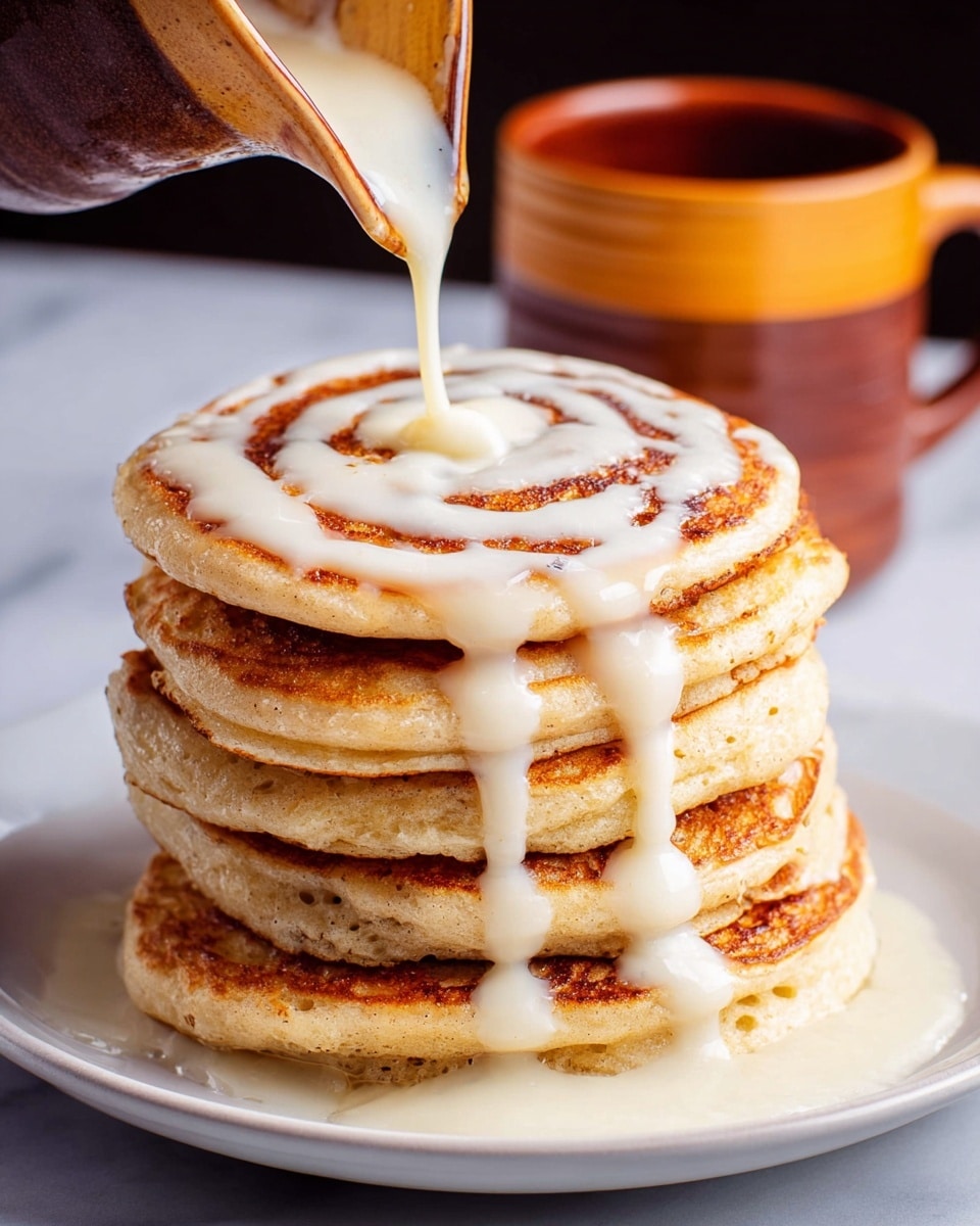 The image shows two white plates on a white marbled surface. The plate at the back holds a single pancake with a dark brown cinnamon swirl pattern on its golden-brown surface; this plate also has a bright red sliced strawberry on the side. In the front, a white triangular plate has two golden-brown pancakes stacked with creamy white icing drizzled thickly on top in a random pattern, and a similar sliced strawberry on the side. To the left, there is a white cup filled with a light brown beverage, next to two cinnamon sticks resting on the surface. Photo taken with an iphone --ar 4:5 --v 7