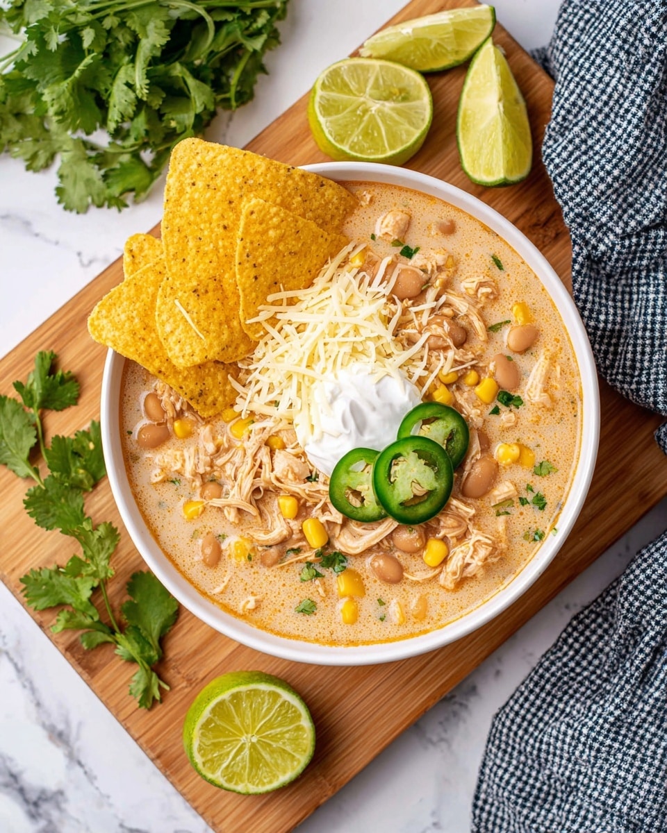 A round white bowl filled with creamy chicken chili that has shredded chicken, yellow corn, and light brown beans. On top, there is a small pile of shredded white cheese, a dollop of white sour cream in the middle, two bright green jalapeño slices on one side, and two lime wedges on the other. Four golden-yellow tortilla chips are placed on the left edge of the bowl, slightly overlapping each other. The bowl is set on a wooden cutting board, next to two lime halves and a bunch of fresh green cilantro leaves. A white cloth with dark blue checkered pattern is partially visible on the right side on a white marbled surface. Photo taken with an iphone --ar 4:5 --v 7