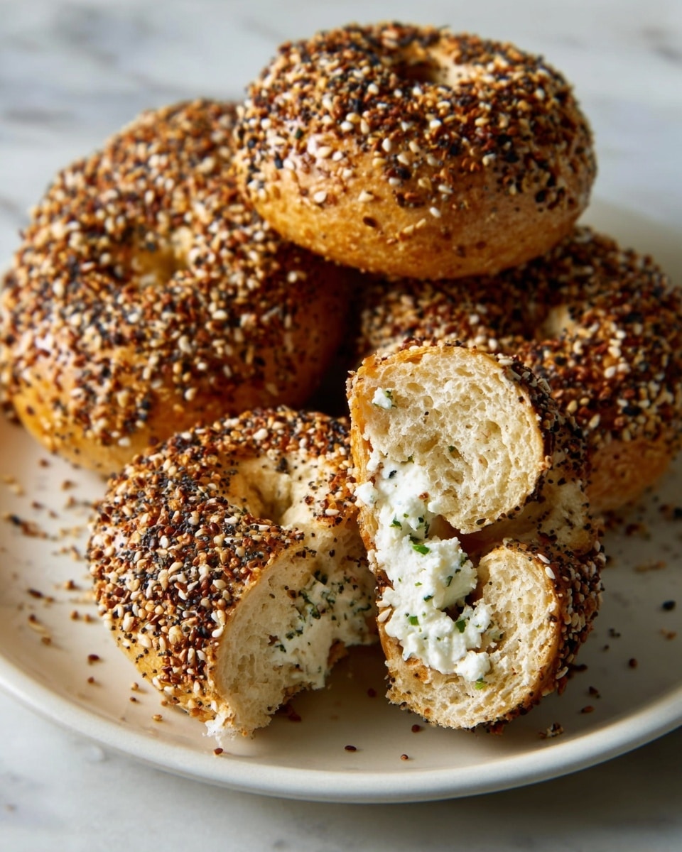 Seven round, golden-brown bread rolls are arranged on a white plate. Each roll is topped with a mix of sesame seeds, black seeds, and small crunchy bits, giving a textured look to the surface. The bread rolls have a slightly uneven, homemade shape and a crispy outer layer. The plate is set on a white marbled textured surface with some seeds scattered around. Part of a green and white cloth is visible at the bottom right corner. Photo taken with an iphone --ar 4:5 --v 7