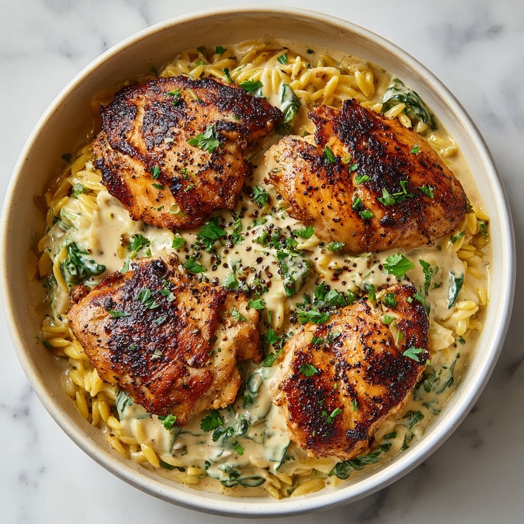 A shallow white bowl holds a dish with three pieces of grilled chicken on top, each golden brown with dark grill marks and specks of black pepper, covered partly in a creamy beige sauce with a smooth texture. Beneath the chicken is a bed of light yellow pasta shaped like small grains of rice, mixed with green herbs scattered throughout, all resting on a top layer of creamy sauce that lightly coats the pasta and has a glossy finish. The edges of the bowl show the pasta and chopped greens peeking out, all set on a white marbled surface. photo taken with an iphone --ar 4:5 --v 7