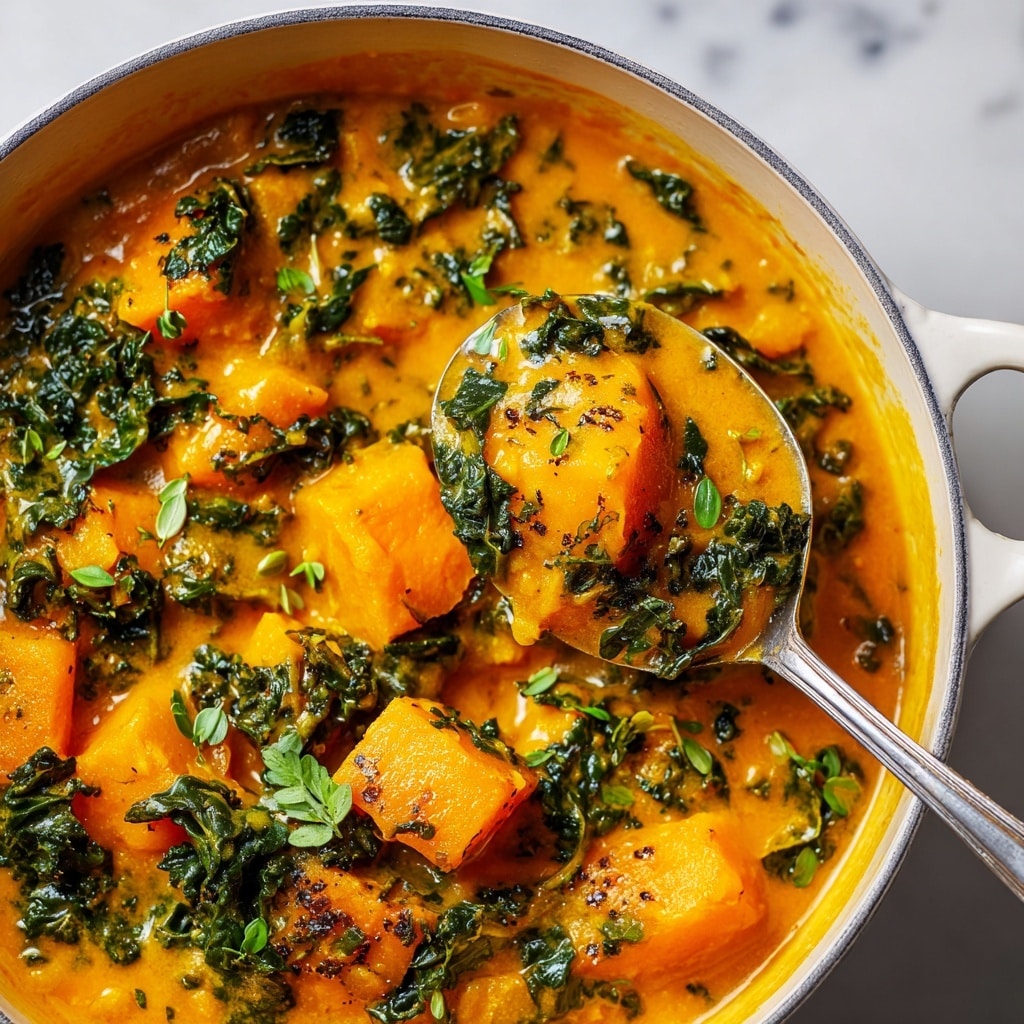 The image shows a close-up of a creamy orange stew inside a white pot. The dish has chunky pieces of bright orange butternut squash mixed with dark green leafy kale, all coated in a thick, rich, smooth orange sauce. Small green herb leaves are scattered on the surface, adding a fresh touch. A silver spoon scoops up a mix of the squash and kale, showing the creamy texture of the sauce holding the ingredients together. The background is a white marbled texture. photo taken with an iphone --ar 4:5 --v 7