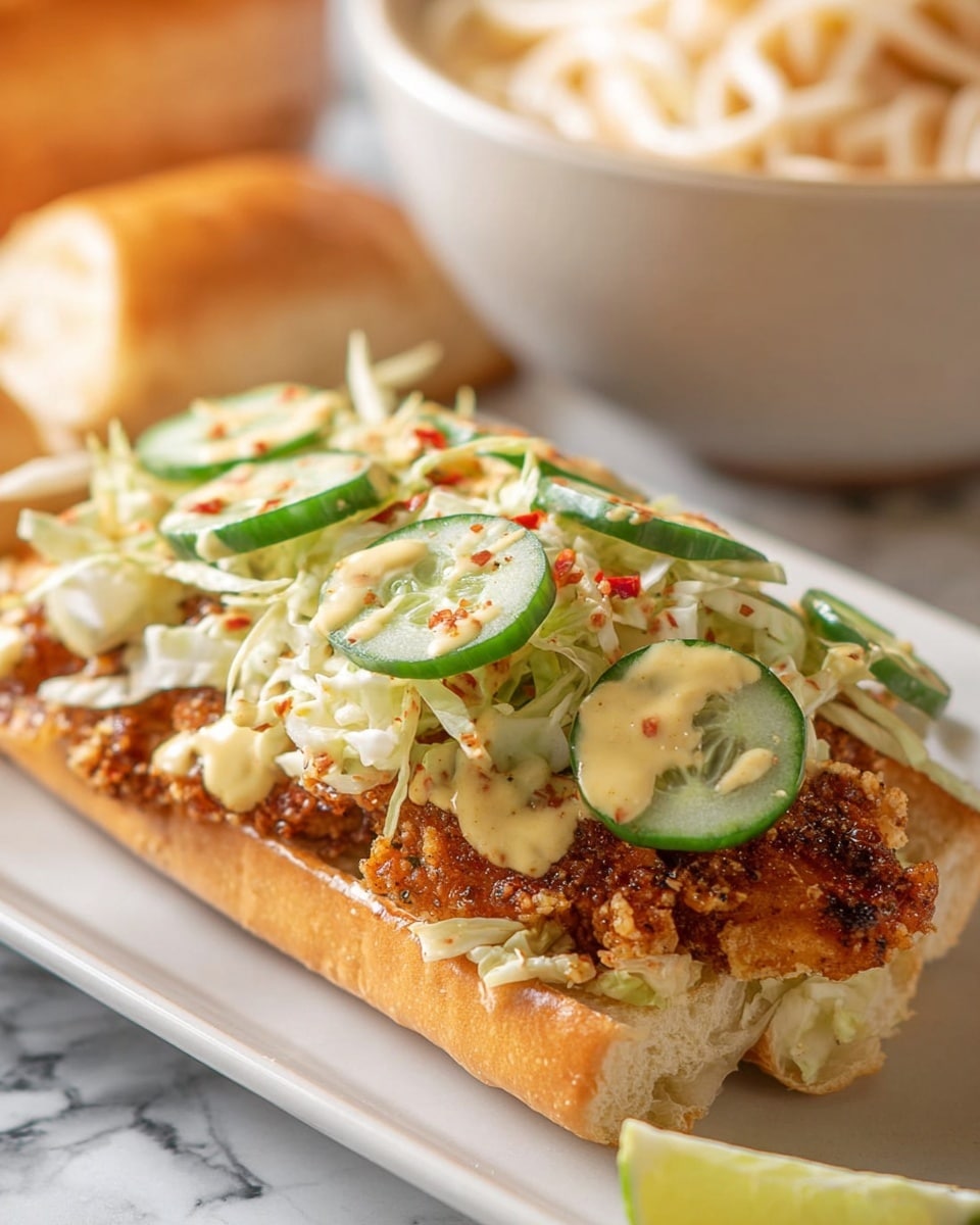 A sandwich on a soft golden-brown hoagie roll is filled with a crispy, dark golden fried patty topped with creamy white sauce with green herbs drizzled over it. Above the sauce, there are shredded white cabbage pieces and some green spinach leaves peeking through. The sandwich sits on a dark grey round plate, placed on a white marbled surface. In the blurred background, a white bowl with cucumbers and a couple of lime wedges rest in the foreground, adding fresh green and light yellow colors to the scene. Photo taken with an iphone --ar 4:5 --v 7