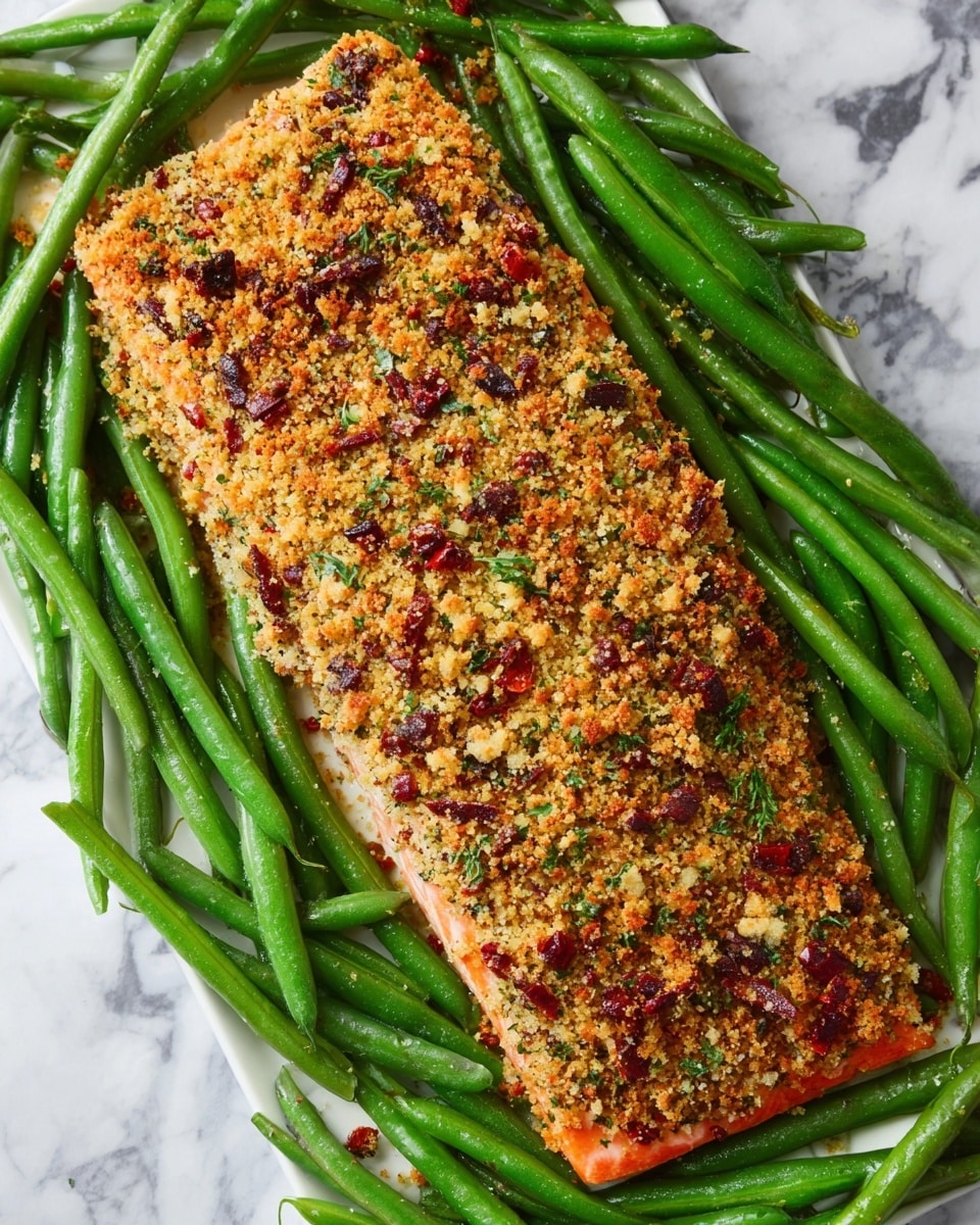 A white plate on a white marbled surface holds a piece of salmon covered with a thick, crumbly golden-brown crust mixed with red and green bits. The crust layer is on top, crunchy and textured, while the pink salmon underneath is tender and flaky. On one side of the salmon, there is a small pile of bright green cooked green beans, smooth and slightly shiny. In the background, there is a white bowl with more green beans and another plate with more salmon pieces, all on the same white marbled surface. A woman's hand with a fork is reaching from the right side near the plate. photo taken with an iphone --ar 4:5 --v 7