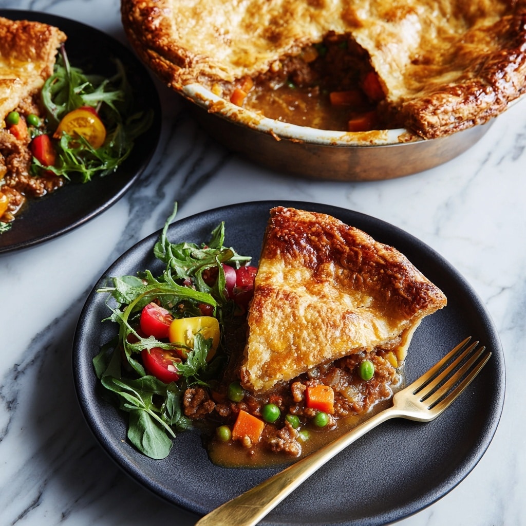 A slice of golden, flaky meat pie sits on a black plate atop a white marbled surface, revealing a thick, rich filling of brown chunks of meat, orange carrots, and green peas with a savory sauce underneath a crisp, crumbly crust. Next to the pie slice, there is a small heap of fresh salad with green, red, and yellow tomato pieces and leafy greens adding a bright contrast. A shiny gold fork rests on the plate beside the food. In the background, a large pot pie with the same golden crust is partially cut, showing the same hearty filling inside, all set on a white marbled surface. Photo taken with an iphone --ar 4:5 --v 7