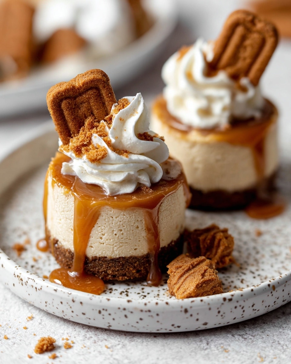 The image shows small round cheesecakes arranged in rows on a white rectangular tray, each cheesecake with three visible layers: a crumbly brown base layer made of crushed cookies, a thick light tan creamy middle layer, and a smooth chocolate brown layer on top. On top of the chocolate layer is a swirl of white whipped cream sprinkled with brown cookie crumbs, and a square brown cookie is placed at an angle into the cream. There are more brown cookie crumbs scattered around the tray, and a white bowl with more cookies can be seen in the bottom left corner. The background is a white marbled texture surface with a soft blue-purple color beyond that. photo taken with an iphone --ar 4:5 --v 7