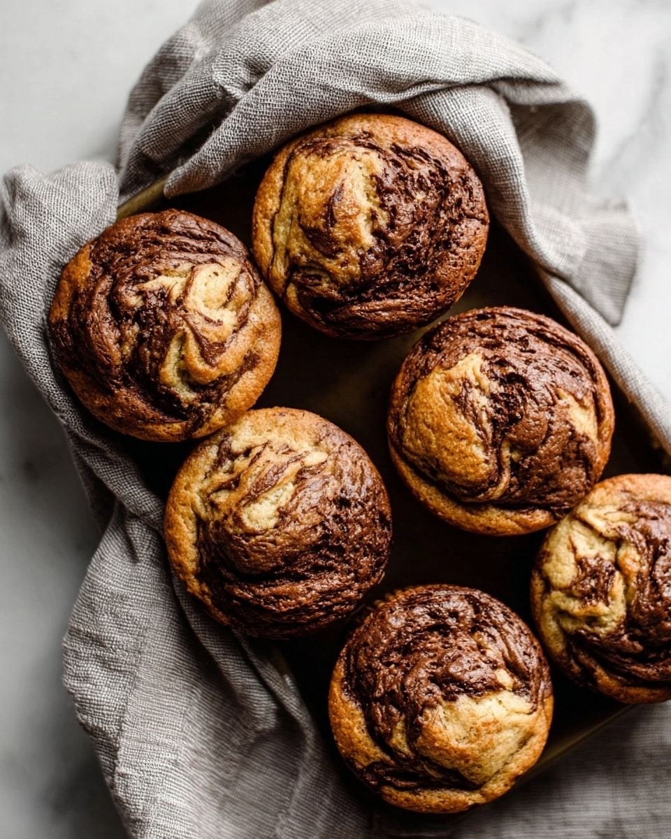 The image shows a close-up of a baking tray filled with eight muffins arranged in two rows of four. Each muffin has a swirled top with a mix of light golden-brown and dark chocolate colors creating a marbled effect. The texture of the muffins looks soft and moist, with some slightly cracked tops revealing a tender crumb inside. Under the tray, there is a soft grey cloth draped casually, all placed on a white marbled surface that adds a clean and bright background to the warm tones of the muffins. Photo taken with an iphone --ar 4:5 --v 7