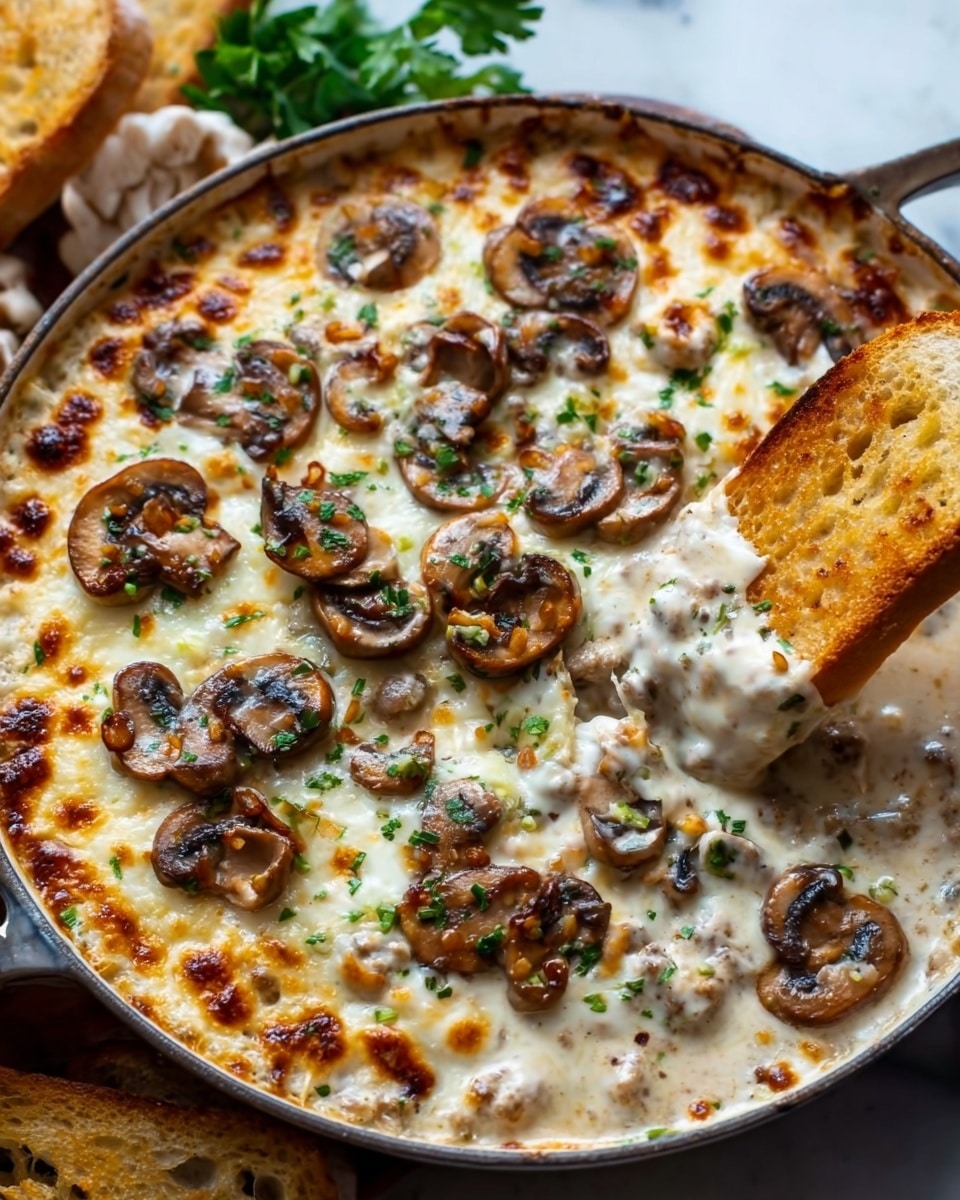 A black cast iron skillet filled with a creamy mushroom dip topped with melted golden brown cheese and small pieces of cooked mushrooms scattered evenly. A wooden spoon lifts a creamy, white cheesy layer mixed with mushrooms from the skillet, showing the thick texture underneath. The skillet sits on a white marbled surface with two slices of toasted bread placed behind it and some fresh green herbs in the background. Photo taken with an iphone --ar 4:5 --v 7