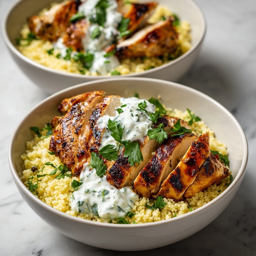 In a shallow white bowl, there is a base layer of light yellow couscous with a fluffy texture, dotted with small green parsley leaves. On top of the couscous, grilled chicken breast slices are neatly arranged, showing a golden brown color with dark grill marks and a moist, juicy texture inside. A dollop of creamy white tzatziki sauce with green herb flecks sits partly covering the chicken slices, and fresh parsley leaves garnish the dish, adding a fresh green contrast. The background is a white marbled surface. photo taken with an iphone --ar 4:5 --v 7