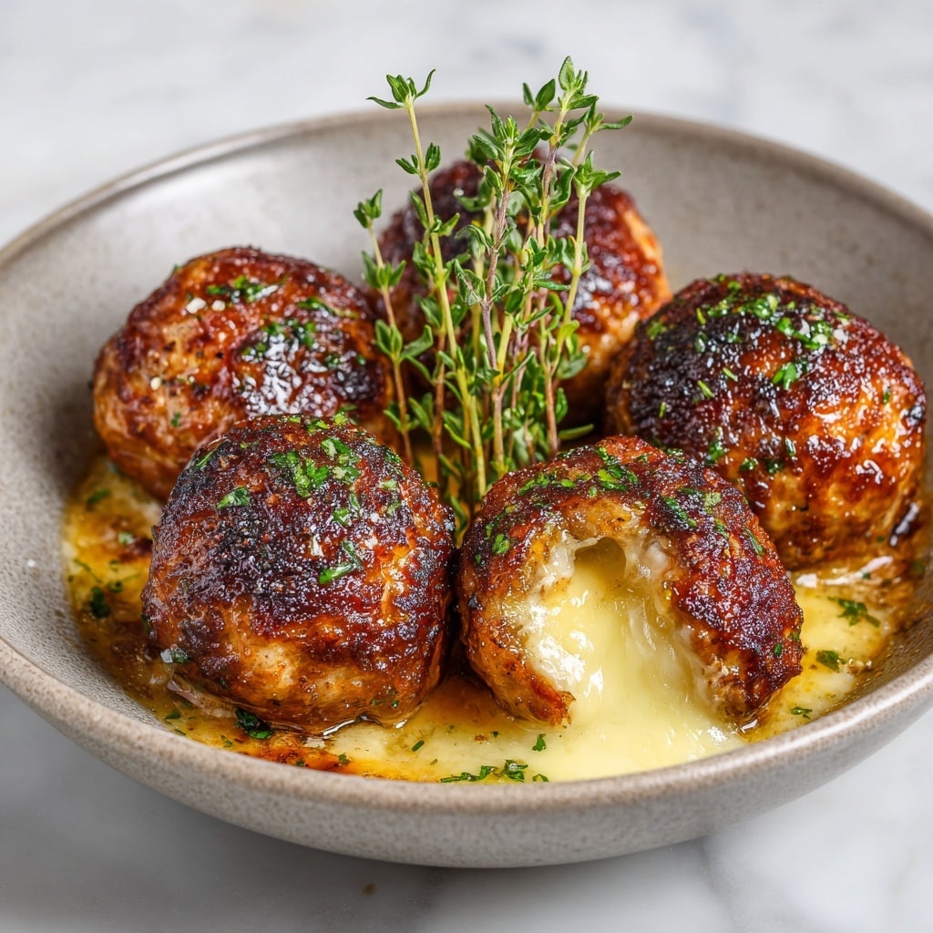 The image shows four golden-brown baked cauliflower balls stacked closely in a small, shallow white plate. Each ball has a crispy, browned crust on the outside with small green herb sprinkles on top. The cauliflower balls sit in a light, creamy sauce that pools at the bottom of the plate, giving a smooth, shiny texture around them. The background is a white marbled surface and part of a woman's hand is visible gently touching the top ball. photo taken with an iphone --ar 4:5 --v 7