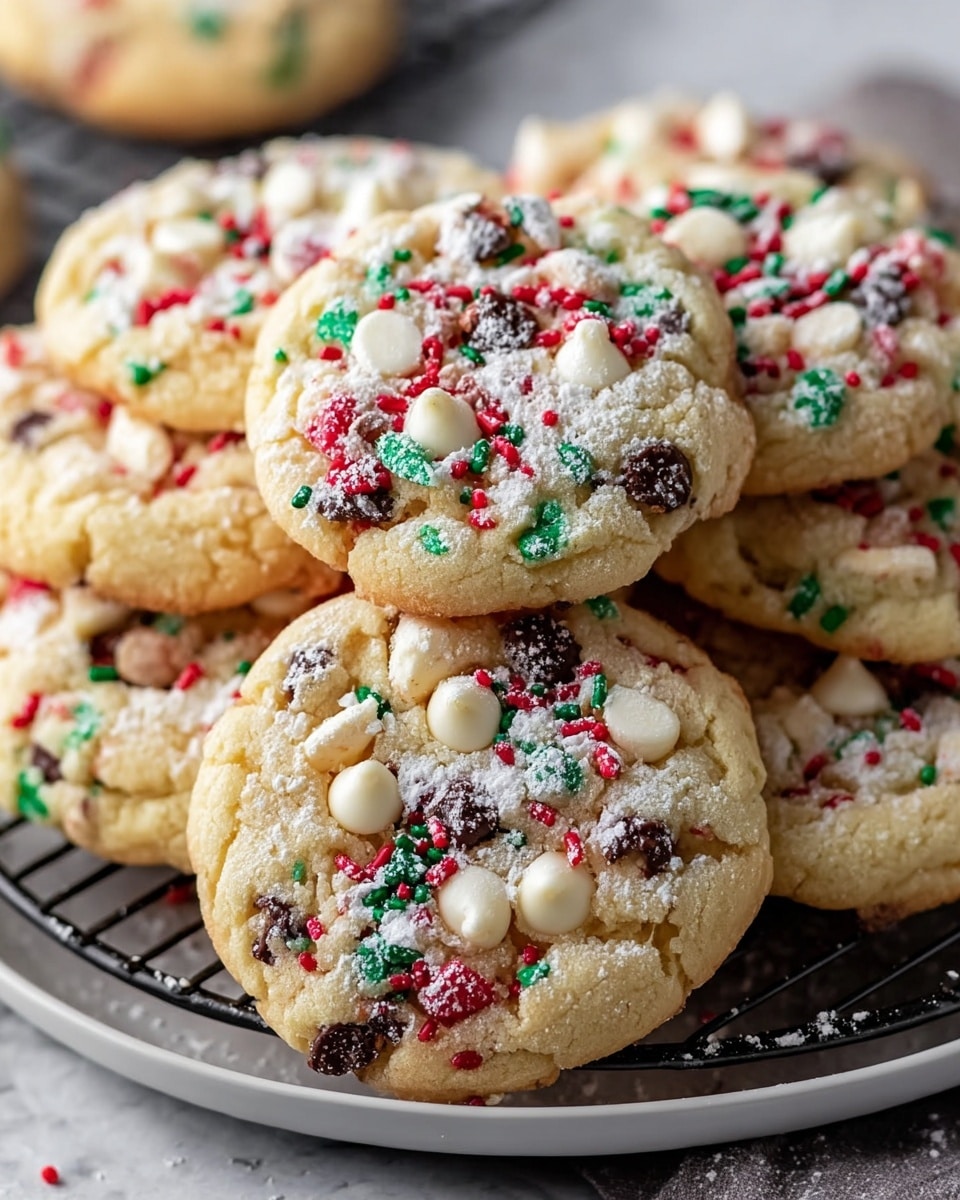 A stack of five thick, soft cookies sits on a black cooling rack over a white marbled surface, with the top cookie broken in half showing its soft, crumbly inside filled with chocolate chips, white chocolate chunks, and red and green candy pieces. Each cookie is loaded with colorful sprinkles, white chocolate chips, and chocolate chips that create a textured, festive look. The cookies have a light golden-brown base with uneven, lumpy surfaces, and the red, green, and white candies and sprinkles are scattered generously on top and throughout each cookie. Some whole cookies rest around the stack, emphasizing the rich mix of colors and textures in a close-up shot. Photo taken with an iphone --ar 4:5 --v 7
