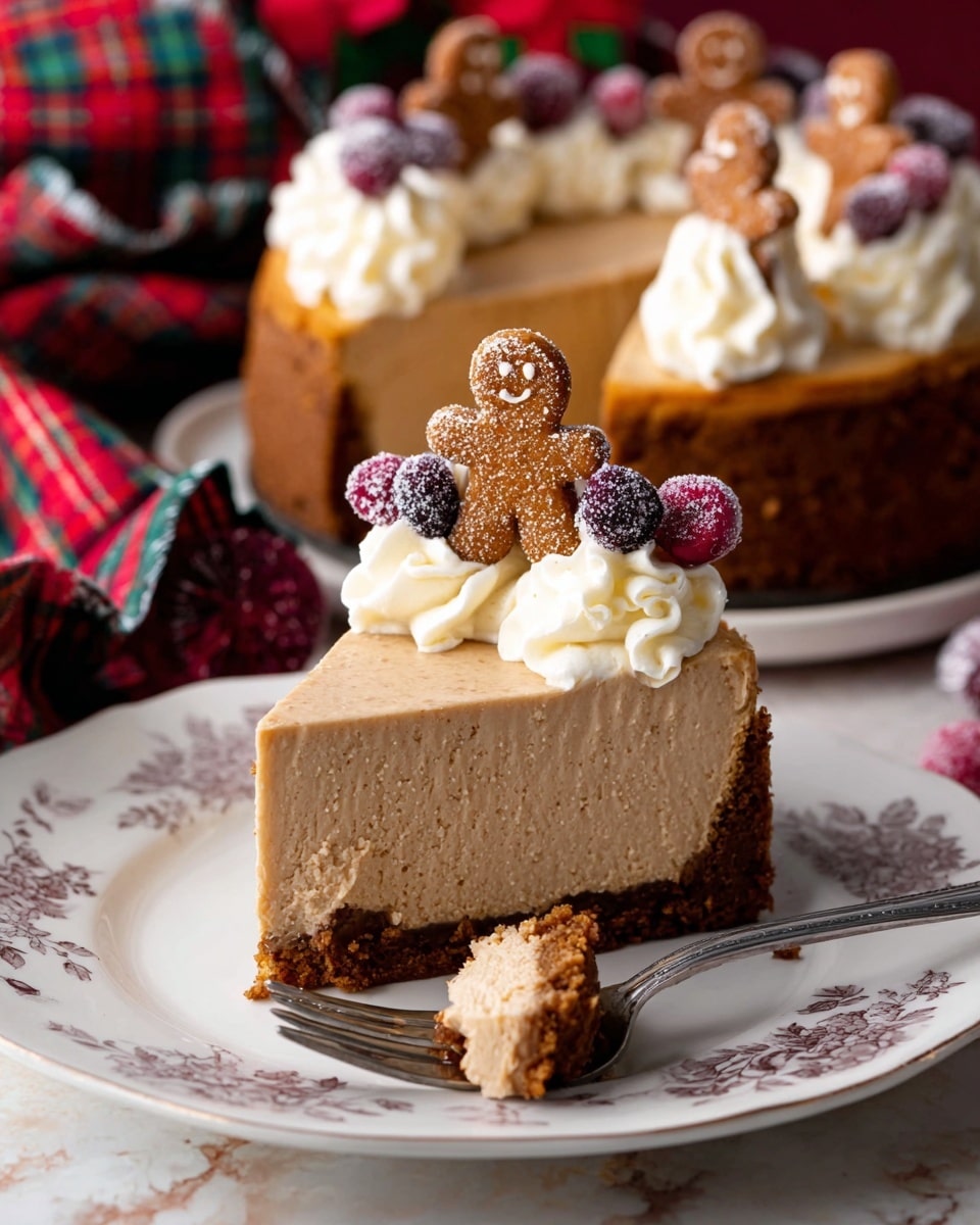 A round cheesecake with a thick, brown crust layer at the bottom and a smooth light brown filling on top is placed on a wooden board. Around the edge of the cheesecake, there is a ring of white whipped cream piped in large swirls. On top of the whipped cream, there are small gingerbread man cookies evenly spaced and groups of frosted red and purple cranberries. In the background, there are small gingerbread figures and Christmas decorations, all set on a wooden surface with a plaid ribbon in the foreground and a white bowl filled with more frosted cranberries on the right side. photo taken with an iphone --ar 4:5 --v 7