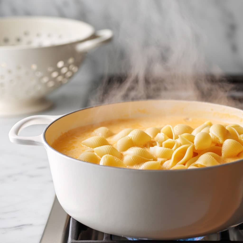 The image shows a close-up of a white pot filled with creamy orange sauce at the bottom layer. On top of the sauce, there is a second layer of cooked small shell pasta with a light yellow color. Steam rises gently from the pot, indicating the dish is hot. Behind the pot, there is a white colander sitting on a stove. The surface below the pot is a smooth white marbled texture. The photo taken with an iphone --ar 4:5 --v 7