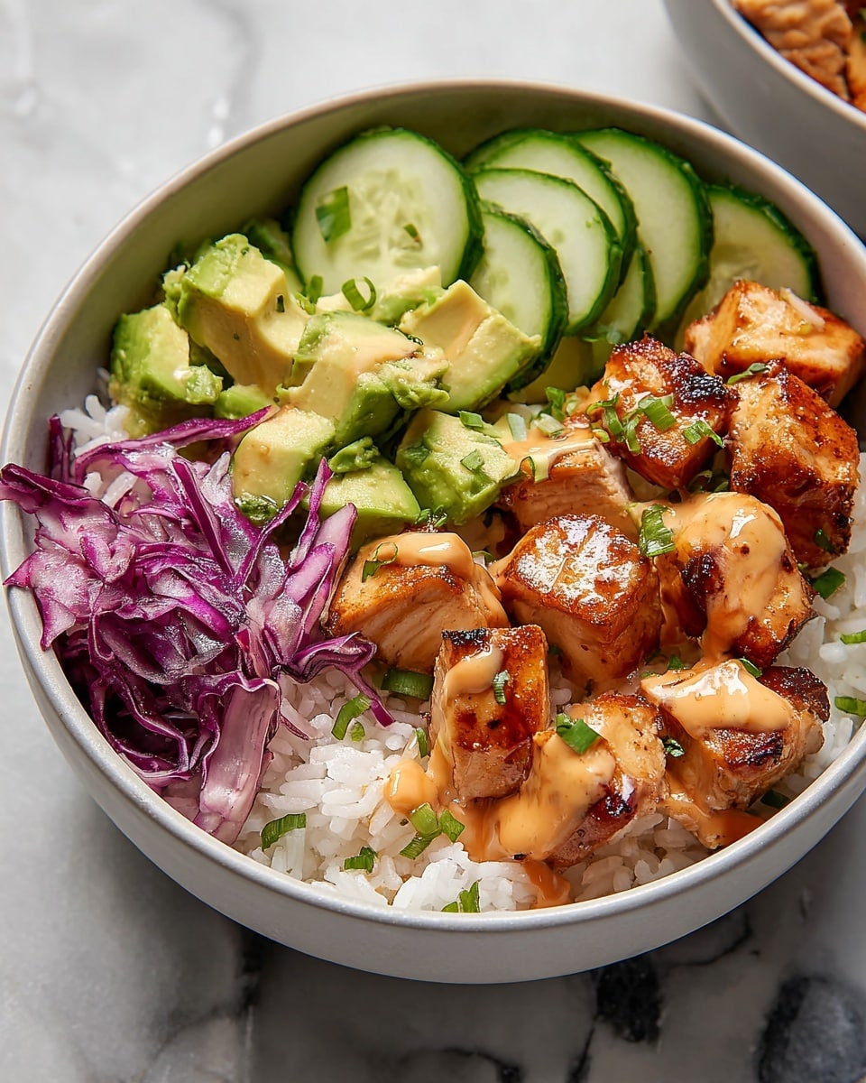 A bowl filled with five visible layers, starting from the bottom with a white layer of cooked rice covering half the bowl, topped on one side with bright green avocado chunks and the other side with light green cucumber slices arranged in a row. In the center, glazed golden-brown grilled chicken pieces with a shiny texture form a thick line. To the left of the chicken, thin strips of purple cabbage with a slight crunch are placed next to the rice. Light orange sauce is drizzled unevenly over the chicken and some vegetables, and small green herbs garnish the chicken. The bowl is white, set on a white marbled surface with a soft focus background. photo taken with an iphone --ar 4:5 --v 7