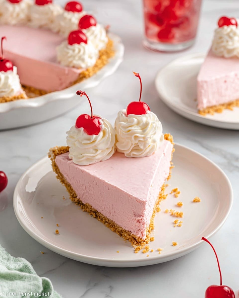 The image shows a slice of pink cheesecake placed on a white plate. The cheesecake slice has three distinct layers: a crumbly light brown crust at the bottom, a thick, smooth and creamy pink middle layer, and a white whipped cream topping with a bright red cherry on top. The texture of the pink layer looks soft and mousse-like, while the crust appears crunchy. The background features a white marbled surface with blurred red drinks and more cherries in the distance, creating a bright and clean setting. Photo taken with an iphone --ar 4:5 --v 7