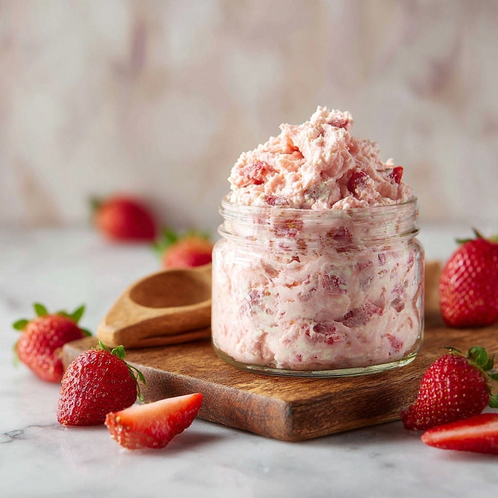 A small clear glass jar filled with a pink and red creamy strawberry mixture with visible chunks of strawberries evenly spread throughout. The mixture is piled high above the jar’s rim with a textured, slightly rough surface showing the thick cream blended with pieces of strawberry. Around the jar, fresh whole and cut strawberries rest on a small wooden cutting board, which sits on top of a white marbled surface. In the background, a wooden utensil is slightly blurred. The overall scene has a fresh and vibrant feel highlighting the creamy strawberry spread. photo taken with an iphone --ar 4:5 --v 7
