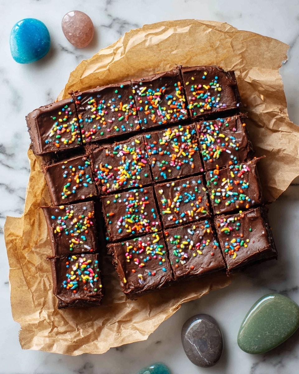 A square chocolate dessert is cut into 16 small squares. The dessert has two visible layers: a bottom layer of dense, dark chocolate brownie and a thick, smooth top layer of shiny chocolate frosting. The frosting is decorated with colorful sprinkles in red, yellow, green, blue, and orange, scattered evenly across the surface. The dessert rests on crumpled brown parchment paper, which lies on a white marbled textured surface. Around the parchment paper are several polished stones in blue, green, brown, and gray colors. photo taken with an iphone --ar 4:5 --v 7