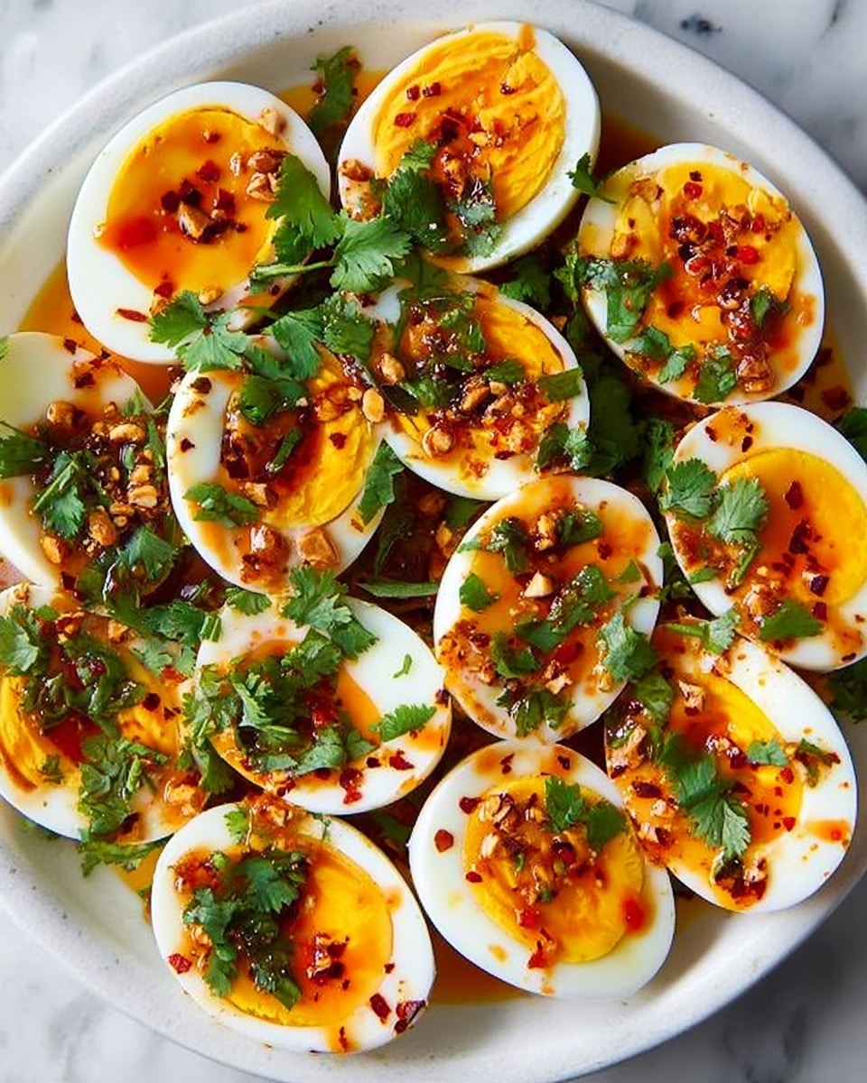 The dish shows a white bowl filled with several hard-boiled eggs cut in half, each displaying a creamy yellow yolk surrounded by smooth white egg white. The eggs are covered with a shiny dark brown and red chili oil sauce that pools at the bottom of the bowl. Bright green chopped herbs are scattered generously over the eggs and sauce, adding a fresh contrast. The sauce looks oily and spicy with visible chili flakes and bits. The bowl rests on a white marbled textured surface. photo taken with an iphone --ar 4:5 --v 7