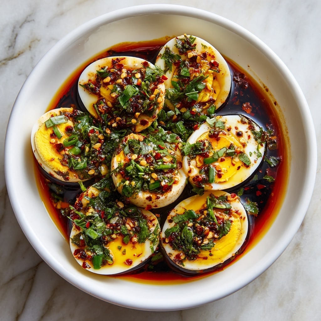 The image shows a white bowl filled with halved boiled eggs neatly arranged with their yolks facing up. Each egg half has a bright golden-yellow yolk with a slightly soft texture, surrounded by smooth, firm white egg whites. On top, there is a drizzle of reddish-brown sauce and a scattering of small crunchy bits. Fresh green cilantro leaves are sprinkled over the eggs, adding a pop of color, with small red pepper flakes also sprinkled across the dish. The bowl is set on a white marbled surface. Photo taken with an iphone --ar 4:5 --v 7