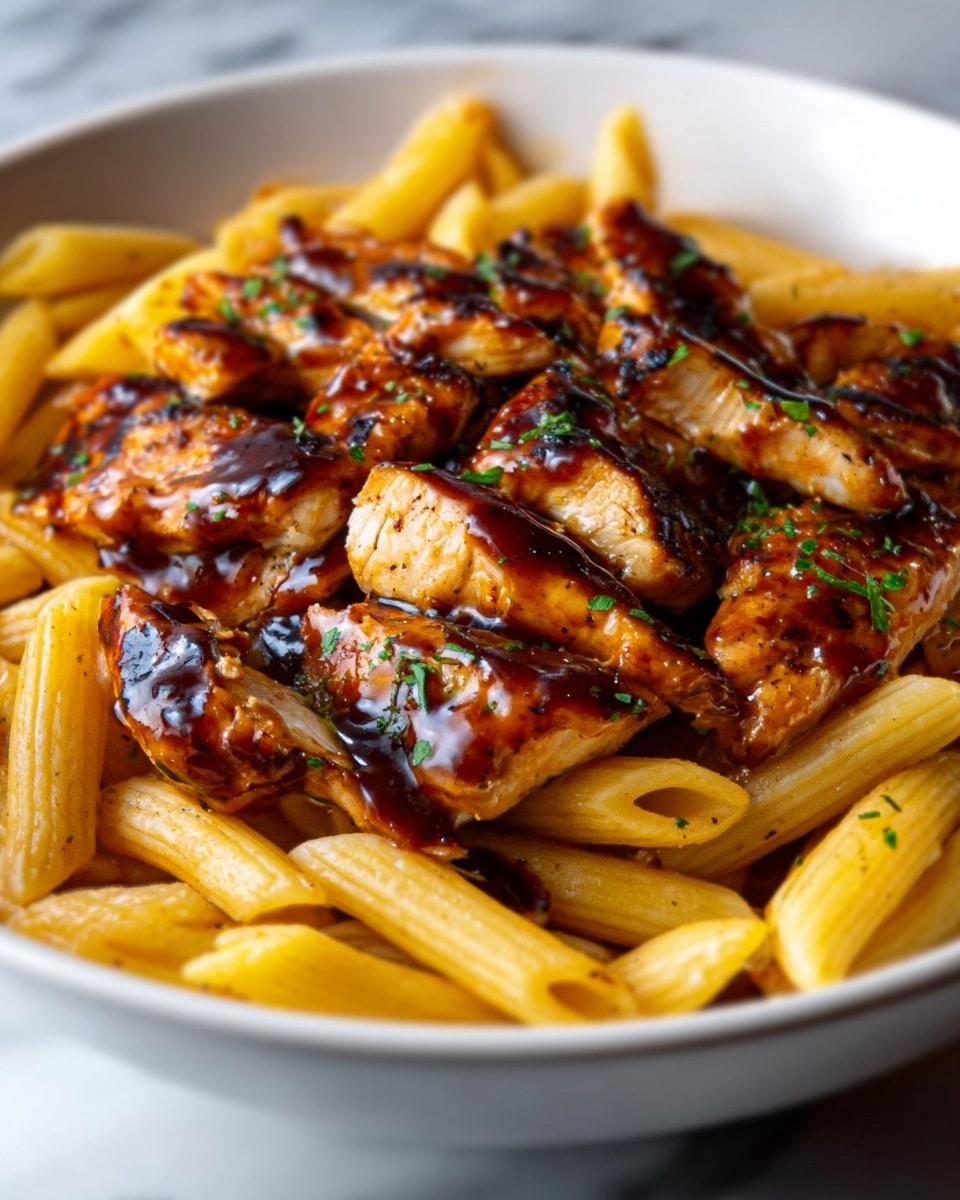 The image shows a close-up of a white bowl filled with penne pasta and grilled chicken pieces. The pasta is golden yellow with a smooth texture, and the chicken is covered in a glossy, dark brown sauce with a slightly sticky look. The chicken pieces sit on top of the pasta and are cut into small strips, showing tender, juicy meat inside. Green herbs are sprinkled on top as a garnish, adding a touch of fresh color. The background has a white marbled texture, enhancing the dish’s warm colors. Photo taken with an iphone --ar 4:5 --v 7