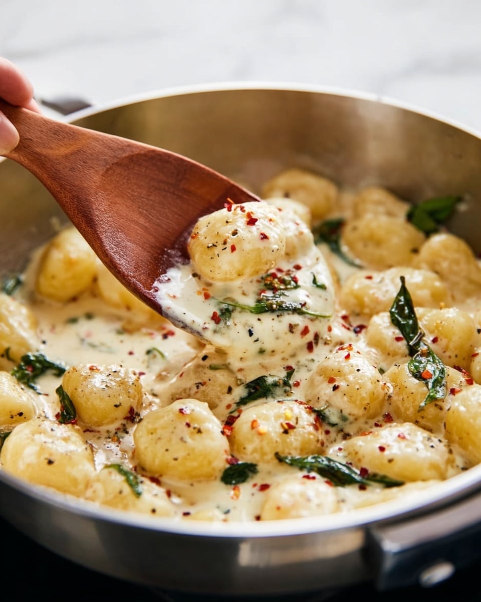 The image shows a white bowl filled with round, golden-brown gnocchi pieces that have a slightly crispy texture on the outside. The gnocchi is served on a creamy white sauce that covers the bottom of the bowl, with small green herbs and red seasoning sprinkled on top. A small sprig of fresh green rosemary or thyme is placed in the middle for decoration. The surface beneath is a white marble texture. photo taken with an iphone --ar 4:5 --v 7