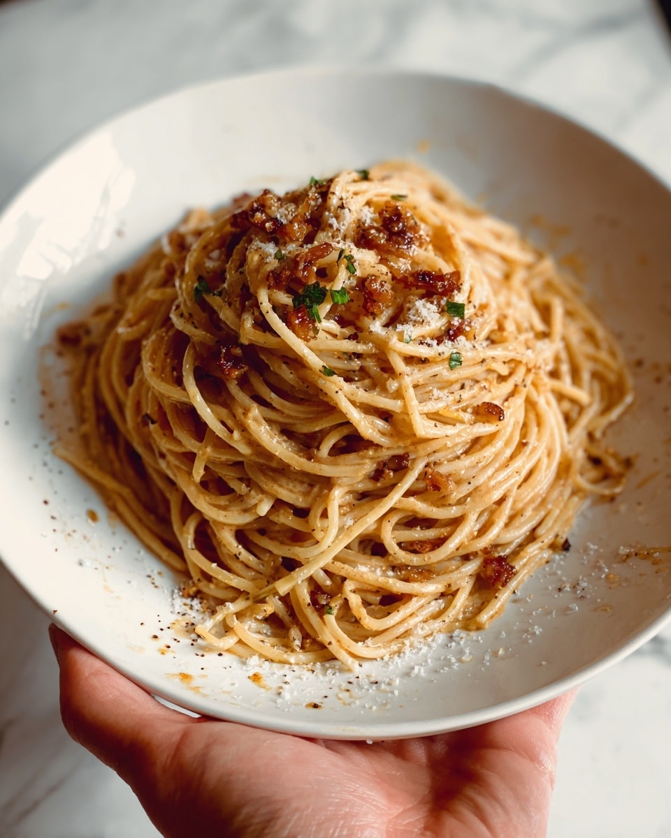 The image shows a close-up of a single layer of cooked spaghetti piled loosely on a white plate. The noodles are a light golden color and look glossy with oil or sauce. Small bits of toasted breadcrumbs in light brown color are scattered on and around the pasta. Tiny green parsley leaves are spread over the top adding a fresh touch. There are also small pieces of red chili flakes and white sesame seeds mixed throughout, adding pops of color. The texture of the noodles appears smooth and slightly chewy. The plate is placed on a white marbled surface. photo taken with an iphone --ar 4:5 --v 7