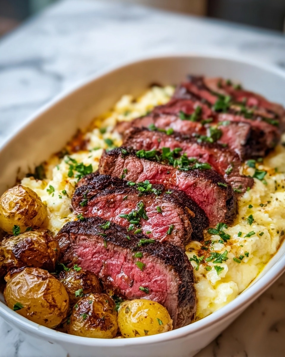 A rectangular black pan holds a hearty dish with two main layers side by side. On the left is a sliced medium-rare steak with a brown crust, pink center, and sprinkled with crushed garlic and green herbs. On the right are golden roasted baby potatoes thinly sliced in half, showing a soft white inside with slightly crispy browned edges, scattered with fresh green herbs and black pepper. Both ingredients rest on a light layer of creamy sauce mixed with melted cheese at the bottom of the pan. The pan sits on a white marbled surface. photo taken with an iphone --ar 4:5 --v 7