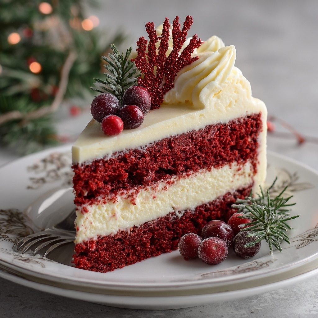 A festive, two-layer red velvet cheesecake sits on a vintage pedestal cake stand, featuring a bottom dark red velvet layer, a thick creamy white cheesecake layer in the middle, and another red velvet layer on top. The top surface is decorated with swirls of smooth white cream, small green Christmas tree-shaped confections, and clusters of bright red berries, some dusted lightly with powdered sugar, creating a lively and festive look. The whole cake has a light dusting of powdered sugar around its base on the cake stand. The background is softly blurred with warm Christmas lights and decorations, and the cake sits on a white marbled surface. photo taken with an iphone --ar 4:5 --v 7