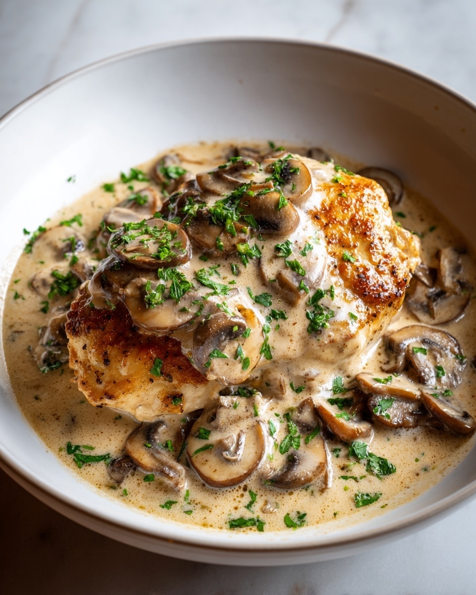 The image shows a white pan filled with a dish of browned chicken breasts covered in creamy mushroom sauce. There are about five pieces of golden-brown chicken, each topped or surrounded by thick light brown sauce with visible slices of cooked mushrooms. The sauce has a smooth texture with some specks of herbs and pepper. Small green herb leaves are sprinkled lightly on the surface for garnish. A silver spoon rests inside the pan on the right side. The pan is placed on a white marbled surface with some fresh green herbs near the top right corner. A crumpled white cloth is partly visible on the left side. Photo taken with an iphone --ar 4:5 --v 7