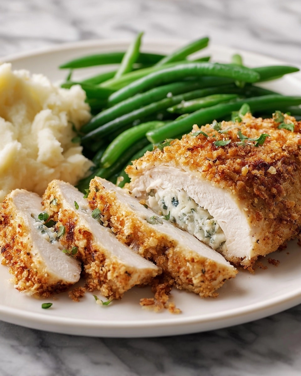 A white plate holds a dish with several pieces of sliced, stuffed chicken breast. The chicken has a crumbly, golden-brown crust with visible green herbs sprinkled on top. Inside the chicken is a creamy white filling with small green bits. Next to the chicken are bright green beans, fresh and shiny. In the background, there is a portion of smooth, white mashed potatoes. The plate sits on a white marbled surface. photo taken with an iphone --ar 4:5 --v 7