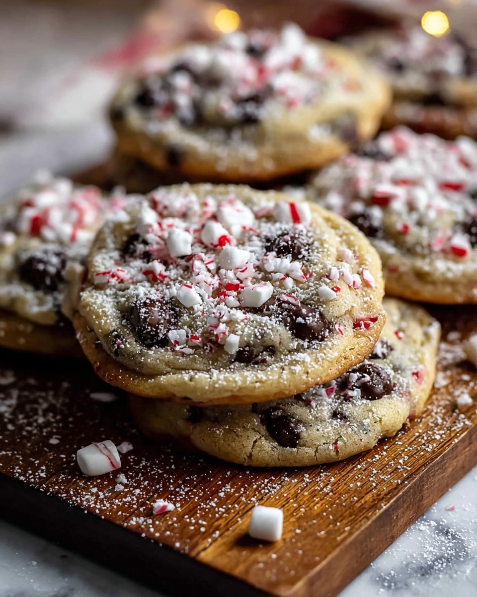 A group of soft chocolate chip cookies with a light golden-brown base are stacked on a wooden board, each cookie topped with scattered small white and red peppermint candy pieces and powdered sugar that adds a snowy texture and bright contrast, with chocolate chips peeking through the surface in dark brown patches, all placed on a white marbled texture background. photo taken with an iphone --ar 4:5 --v 7