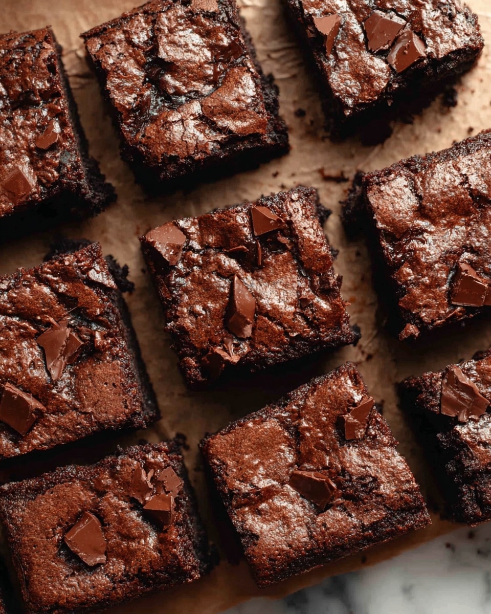 The image shows nine squares of chocolate brownies arranged closely on brown parchment paper over a white marbled texture. Each brownie has a rich, dark brown color with a shiny, slightly cracked top layer sprinkled with chunks of chocolate pieces. The brownies have a dense and fudgy texture with a moist appearance, and the edges are slightly rough, indicating they were freshly cut. The overall look is indulgent and inviting, highlighting the chocolate chunks embedded in each piece. photo taken with an iphone --ar 4:5 --v 7