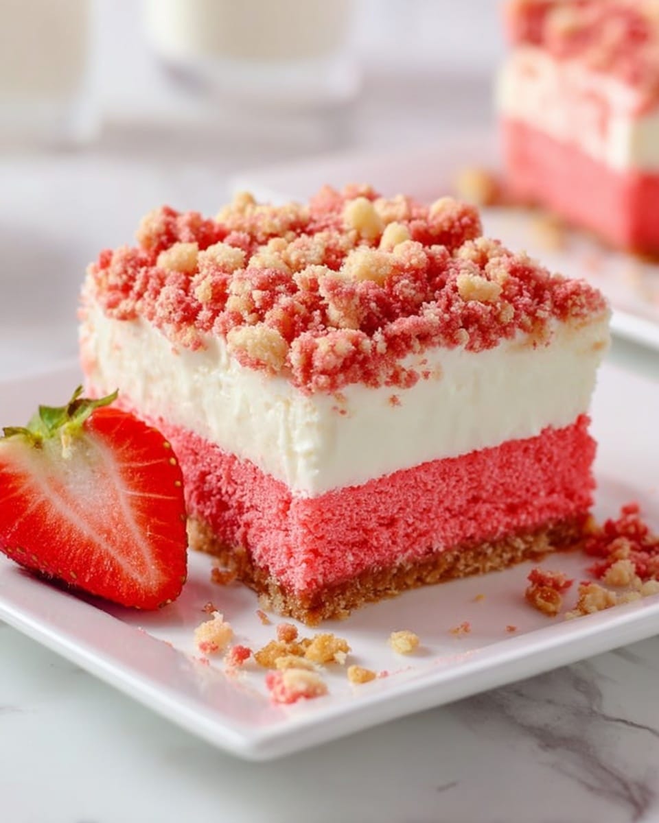 The image shows a square piece of dessert with three clear layers held by a spatula. The bottom layer is a firm, bright red cake with a smooth texture. Above it is a middle layer of thick, creamy white filling, looking soft and dense. The top layer is crumbly and textured, made of small red and light brown crumbs, adding a crunchy look. The piece is in front of several similar squares laid on white parchment paper on a white marbled surface, with some crumbs scattered around. The background is blurred with hints of more dessert pieces and two glasses of milk. photo taken with an iphone --ar 4:5 --v 7