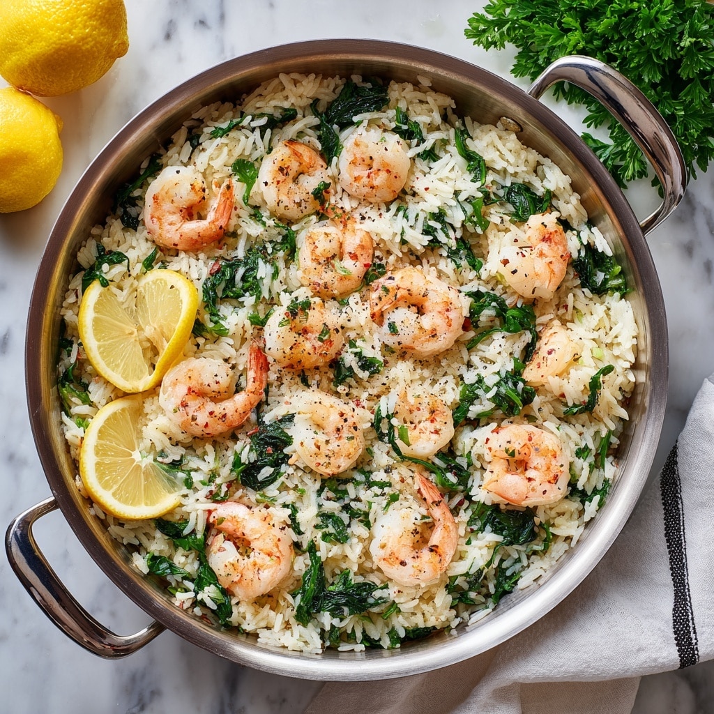 A close-up image of a white bowl filled with cooked rice mixed with green spinach leaves and pink shrimp scattered evenly throughout. The shrimp appear plump and slightly seasoned with black pepper, some showing a bit of orange on their tails. Two thin lemon slices sit on the left side of the bowl, adding a light yellow contrast. A silver spoon rests inside the bowl, holding a few grains of rice, green spinach, and a shrimp. The bowl is placed on a white marbled surface. photo taken with an iphone --ar 4:5 --v 7