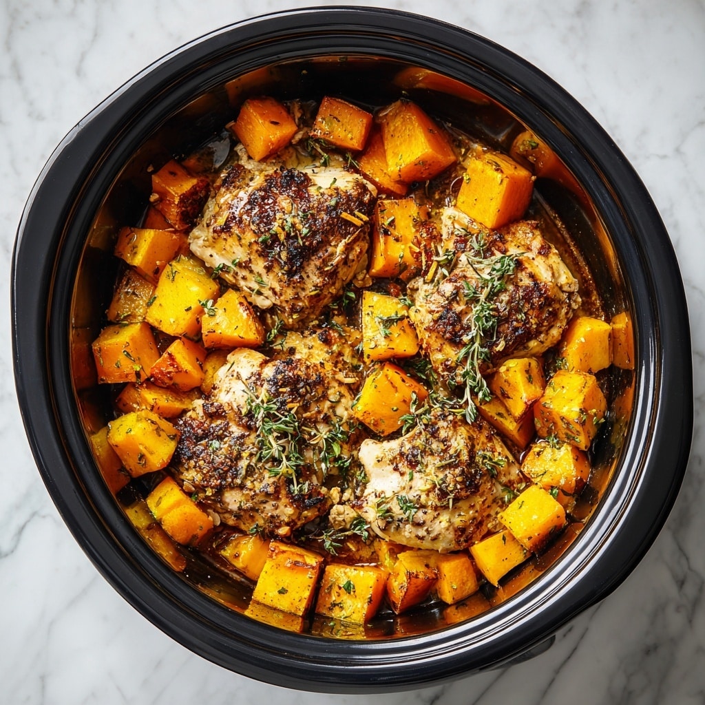A white plate sits on a wooden board with a blue and white striped cloth in the background against a white marbled texture. The dish has one piece of golden-brown, crispy roasted chicken on top. Below it is a mix of roasted vegetables including orange sweet potatoes and browned Brussels sprouts, all garnished with small bits of green herbs. In front of the plate is a white bowl filled with an orange sauce next to a wooden spoon with a light carved handle. A small plant in a white pot, a glass of amber liquid, and a red onion are visible in the background. photo taken with an iphone --ar 4:5 --v 7