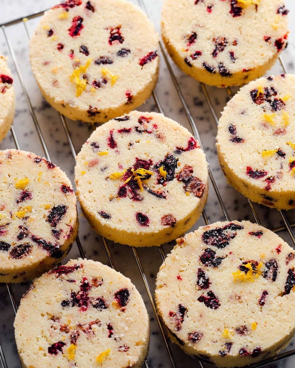 The image shows several round shortbread cookies on a silver cooling rack, placed on a white marbled texture. Each cookie has a pale beige base with dark red and black berry bits mixed throughout, creating a speckled look. The edges of the cookies are golden brown and slightly crumbly. There are small pieces of orange zest sprinkled on top of some cookies, adding bright yellow accents. The texture of the cookies appears soft and crumbly with a slight sugar coating on the surface. Photo taken with an iphone --ar 4:5 --v 7