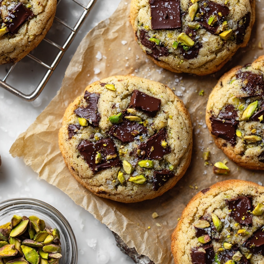 The image shows two soft cookies stacked on each other on a piece of parchment paper over a metal rack with a white marbled surface underneath. The top cookie is broken in half revealing a gooey dark brown melted chocolate center with bits of chopped green pistachios and light brown nut pieces scattered throughout the golden-brown cookie dough, which appears chewy and slightly crumbly. The second cookie below is whole and also has visible dark chocolate chunks and pistachios embedded in the dough. There is a small clear glass container with chopped nuts blurred in the background. Photo taken with an iphone --ar 4:5 --v 7