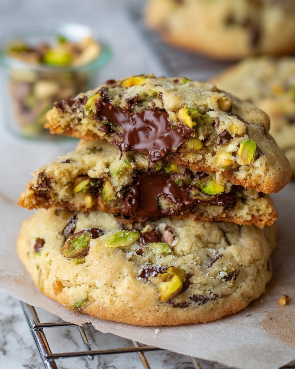 The image shows three soft, chunky cookies stacked with one cookie on top partially broken to reveal a gooey dark chocolate center. The cookies are light golden brown with visible pieces of green pistachios and dark chocolate chunks scattered throughout. The texture looks slightly chewy with some crisp edges. They rest on a white marbled surface with a glass jar partially seen in the background at the top left. The focus is on the front cookie with a warm natural light highlighting the melted chocolate and nut pieces. Photo taken with an iphone --ar 4:5 --v 7