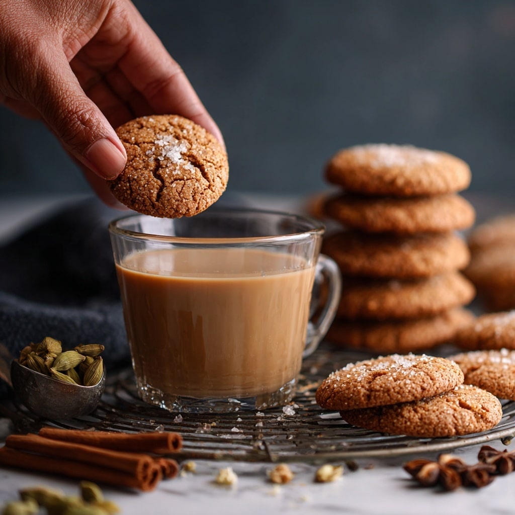 The image shows a collection of round, brown cookies with cracked tops and small, light sugar crystals sprinkled on them. Most cookies are stacked and spread on a metal cooling rack while a few are placed directly on a dark surface beside some cinnamon sticks, cardamom pods, and cloves. The cookies have a textured, slightly rough surface, with some cracks revealing a softer interior. The setting has a white marbled texture background under the cooling rack and the spices. photo taken with an iphone --ar 4:5 --v 7
