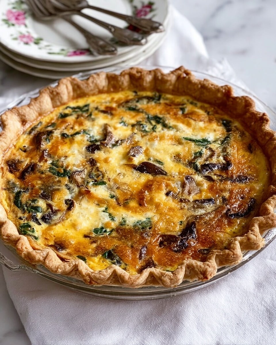 The image shows a baked quiche with a golden brown crust that is thick and crimped around the edges. Inside, there are three visible layers: a slightly browned cheese layer on top with bubbly and melting texture, underneath that, a creamy yellow egg filling mixed with green leafy vegetables and dark brown mushrooms scattered throughout. The quiche sits in a clear glass pie dish placed on a white marbled surface with a white cloth underneath. Three silver forks and stacked white plates with floral patterns are in the background. Photo taken with an iphone --ar 4:5 --v 7