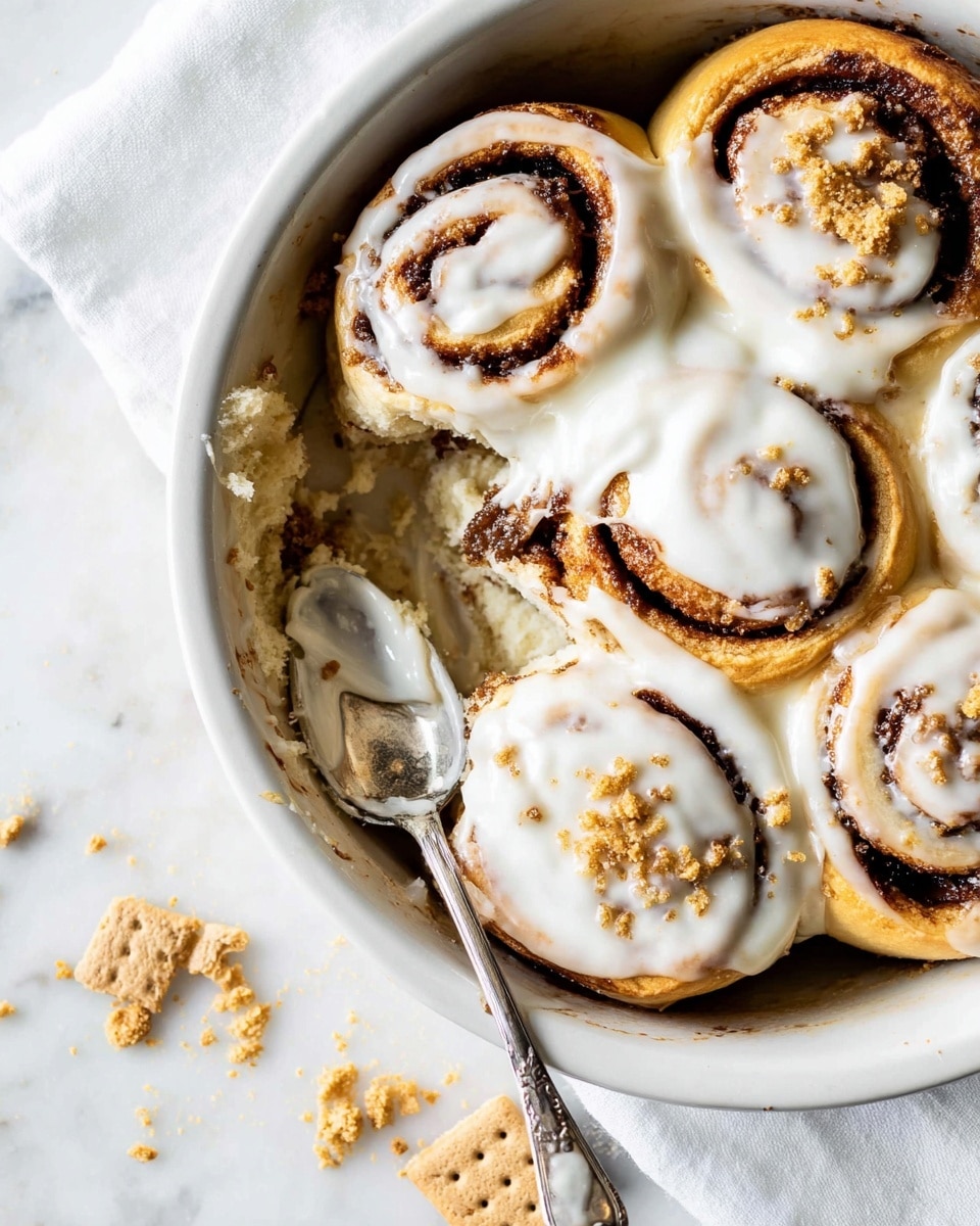 The image shows a close-up of six cinnamon rolls in a white round baking dish. Each roll has golden-brown dough with visible dark brown cinnamon swirls, some of which are generously covered with creamy white icing. The icing is smooth and slightly melted, spreading over the rolls and pooling in some areas. On top of some icing, there are small crumbles of light brown crumbs scattered unevenly. A silver spoon with a vintage design rests on the edge of the dish with a bit of white icing on it. The dish is placed on a white marbled surface with a few broken pieces of graham crackers scattered around. Photo taken with an iphone --ar 4:5 --v 7