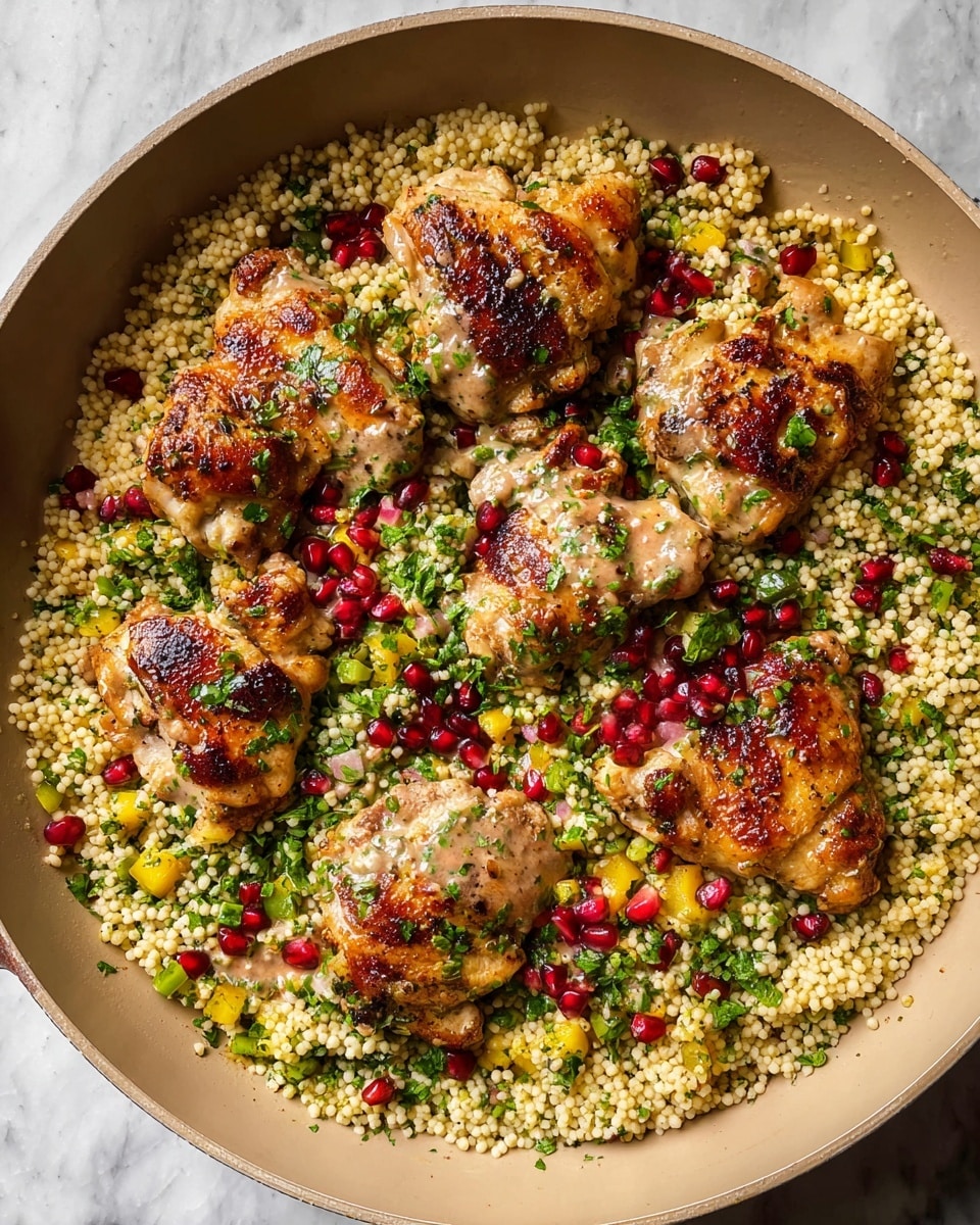 In a large beige pan, there is one layer of small round couscous mixed with small pieces of yellow and green bell peppers, finely chopped parsley, and scattered bright red pomegranate seeds. On top, six pieces of grilled chicken thighs with a light brown and creamy herb sauce cover the couscous, showing grill marks and a slightly crispy texture. The dish is vibrant with the pale beige of couscous, the red of pomegranate, the green of parsley, and chicken pieces evenly spread around. The pan is set on a white marbled surface. photo taken with an iphone --ar 4:5 --v 7