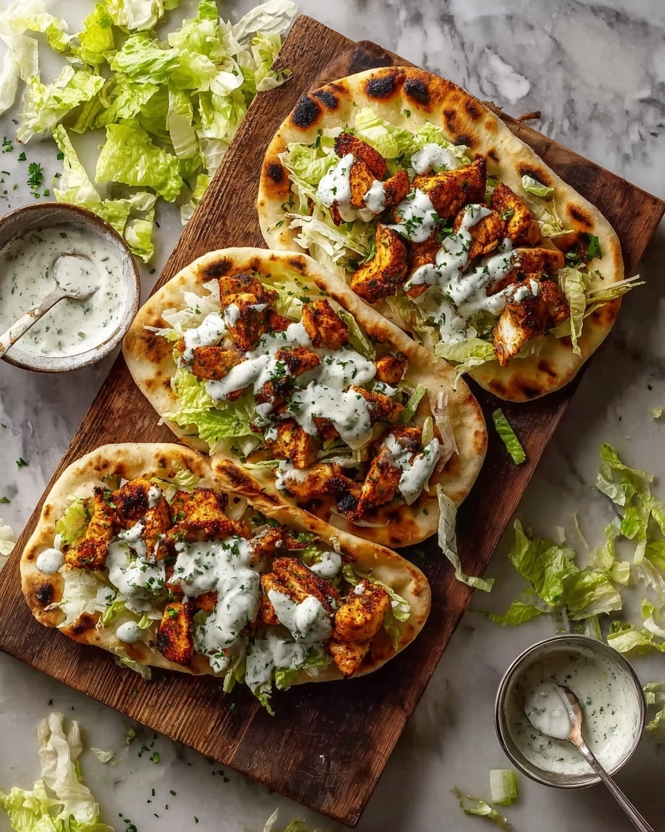 Three flatbreads with a slightly charred, golden brown surface are laid on a wooden board. Each flatbread is filled with a base layer of shredded light green lettuce, followed by chunks of grilled, crispy golden-brown chicken with a textured, slightly charred crust. On top of the chicken, a drizzle of creamy white sauce with visible green herbs is spread unevenly. The wooden board sits on a white marbled surface, with pieces of lettuce scattered around and two small bowls of the same white herb sauce nearby, one with a small spoon inside. photo taken with an iphone --ar 4:5 --v 7