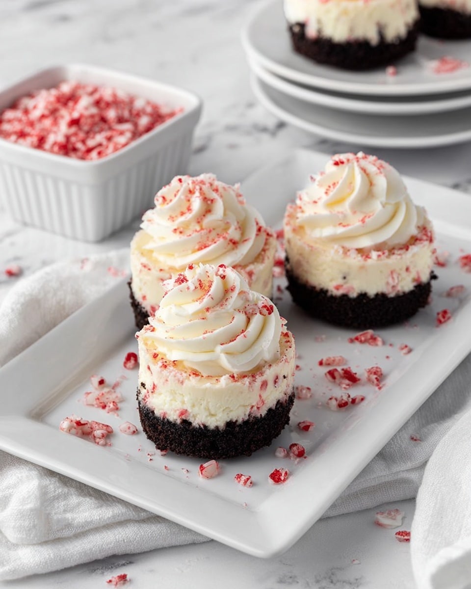 The image shows three mini cheesecakes placed in a row on a white rectangular plate, set on a white marbled texture. Each cheesecake has three layers: a dark, crumbly chocolate cookie base at the bottom, a thick middle layer of creamy white cheesecake mixed with small red specks, and a top layer of swirled white whipped cream sprinkled lightly with crushed red candy pieces. Surrounding the plate are scattered small pieces of crushed red candy. In the background, there is a square white bowl filled with crushed red candy on the left and a white round plate stacking more mini cheesecakes on the right. Photo taken with an iphone --ar 4:5 --v 7