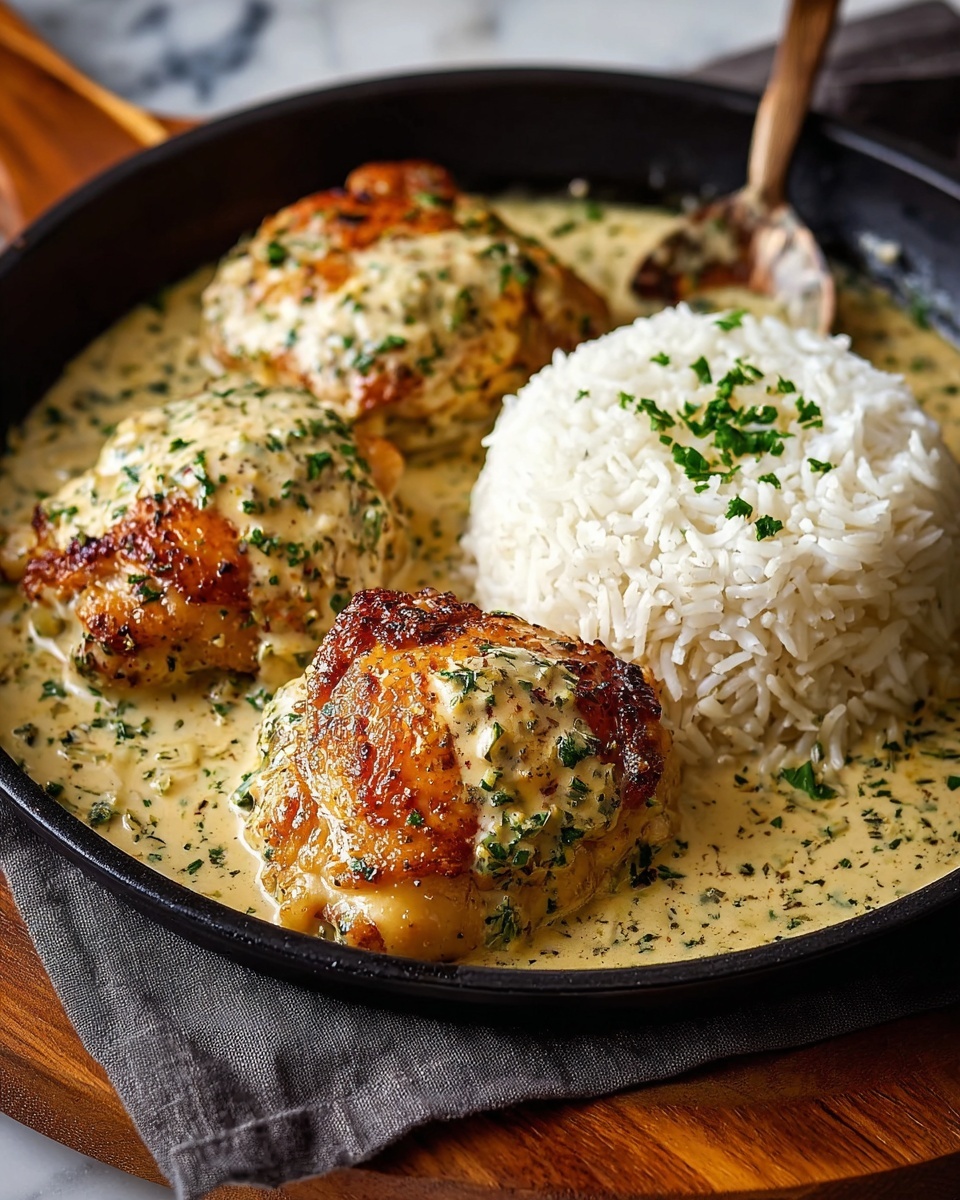 The image shows a close-up of three golden brown, crispy chicken thighs covered with a creamy herb sauce that has flecks of green herbs all over. The chicken pieces sit in a shallow pool of the same creamy sauce inside a black skillet. To the right of the chicken, there is a neat mound of fluffy white rice with some small green herb bits sprinkled on top. The skillet is placed on a dark gray cloth over a wooden board, with a white marbled texture visible in the background. photo taken with an iphone --ar 4:5 --v 7