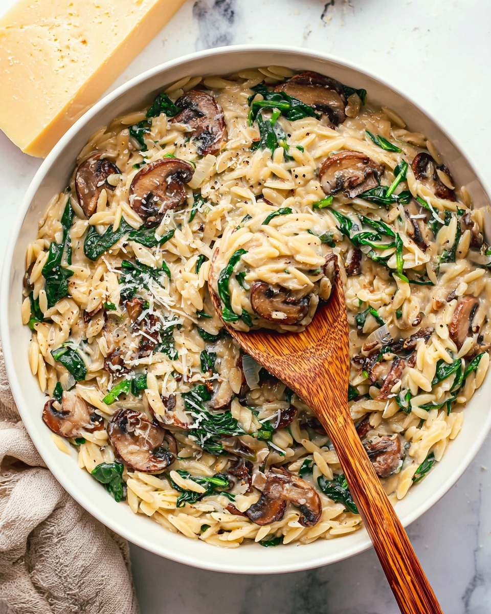 The image shows a white bowl full of creamy orzo pasta mixed with sliced brown mushrooms, wilted green spinach, and small bits of onion. The orzo has a smooth, light beige sauce that coats every piece, with black pepper and grated cheese sprinkled on top. A wooden spoon scoops a small portion from the bowl, revealing the creamy texture and mix of ingredients. The bowl sits on a white marbled surface with a napkin nearby and a block of cheese partially visible on the left side. Photo taken with an iphone --ar 4:5 --v 7