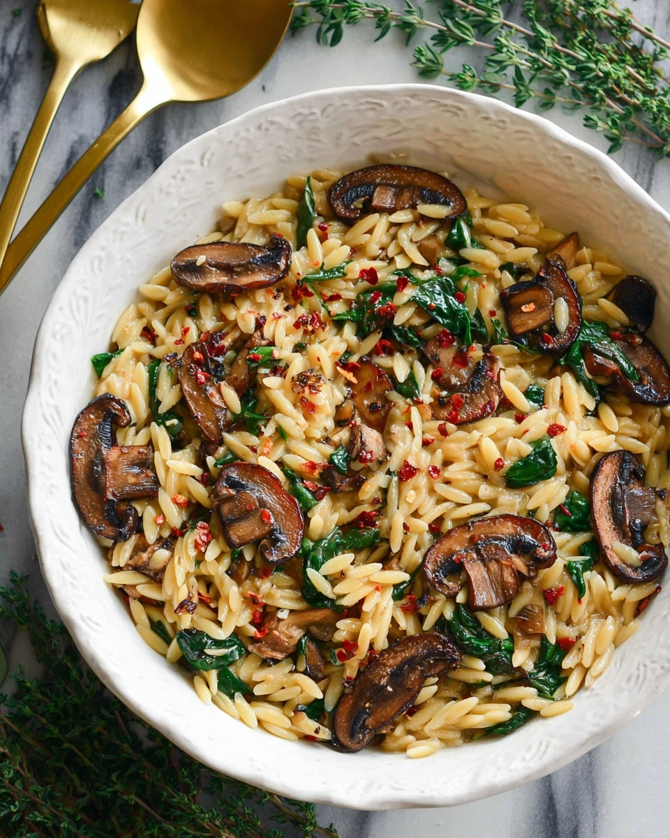 A white bowl filled with cooked orzo pasta that is light yellow and smooth, mixed with sautéed dark brown mushroom slices scattered evenly throughout. There are several small clusters of bright green spinach leaves mixed into the orzo. The dish is sprinkled with small red chili flakes over the top, adding a pop of color. The bowl sits on a white marbled surface with two gold-colored utensils and green herbs in the background. photo taken with an iphone --ar 4:5 --v 7