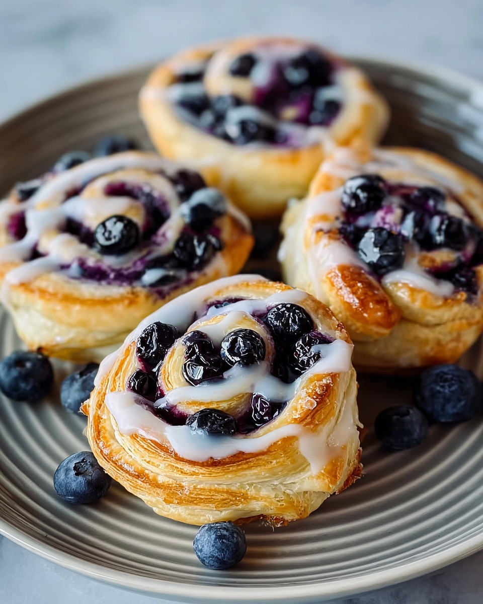 Four blueberry danishes are shown on a round white plate with grooves. Each danish is made of a golden, flaky pastry base shaped in a spiral with three visible layers. The pastry is topped with a creamy white icing drizzled unevenly over the surface, and scattered blueberries fill the spaces between the spirals, adding deep blue and purple colors with a shiny texture. Extra blueberries sit on the plate around the danishes. The plate rests on a white marbled surface. Photo taken with an iphone --ar 4:5 --v 7