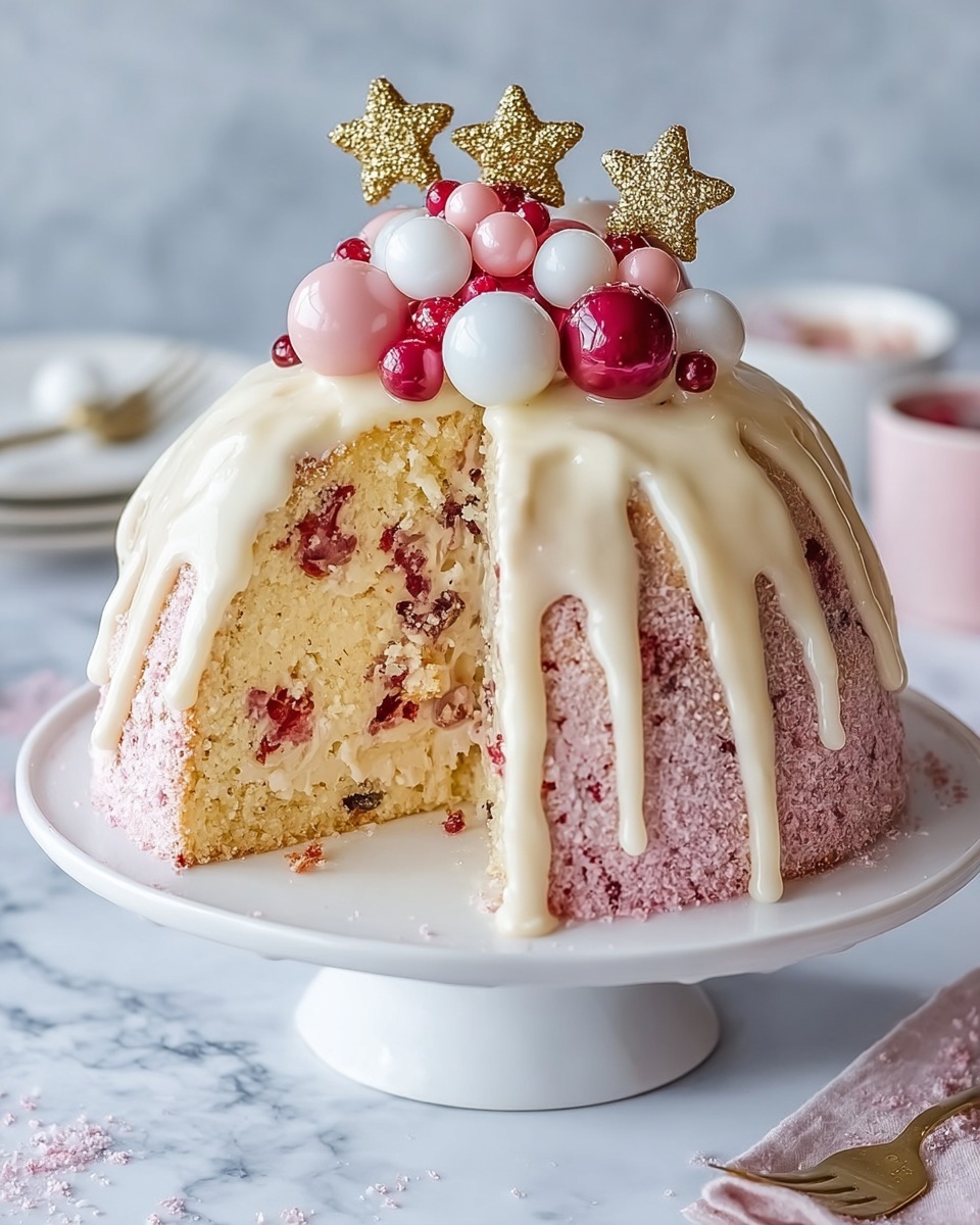 A dome-shaped cake sits on a white cake stand over a white marbled surface, with a slice cut out showing three visible layers inside, each light yellow with bits of red fruit. The outside of the cake is dusted with pink powder. White icing drips unevenly from the top down the sides. On the top, there is a pile of small round balls in white, light pink, and shiny red colors, stacked in three layers. Two gold glittery star-shaped decorations rest among the balls on top of the cake. Photo taken with an iphone --ar 4:5 --v 7