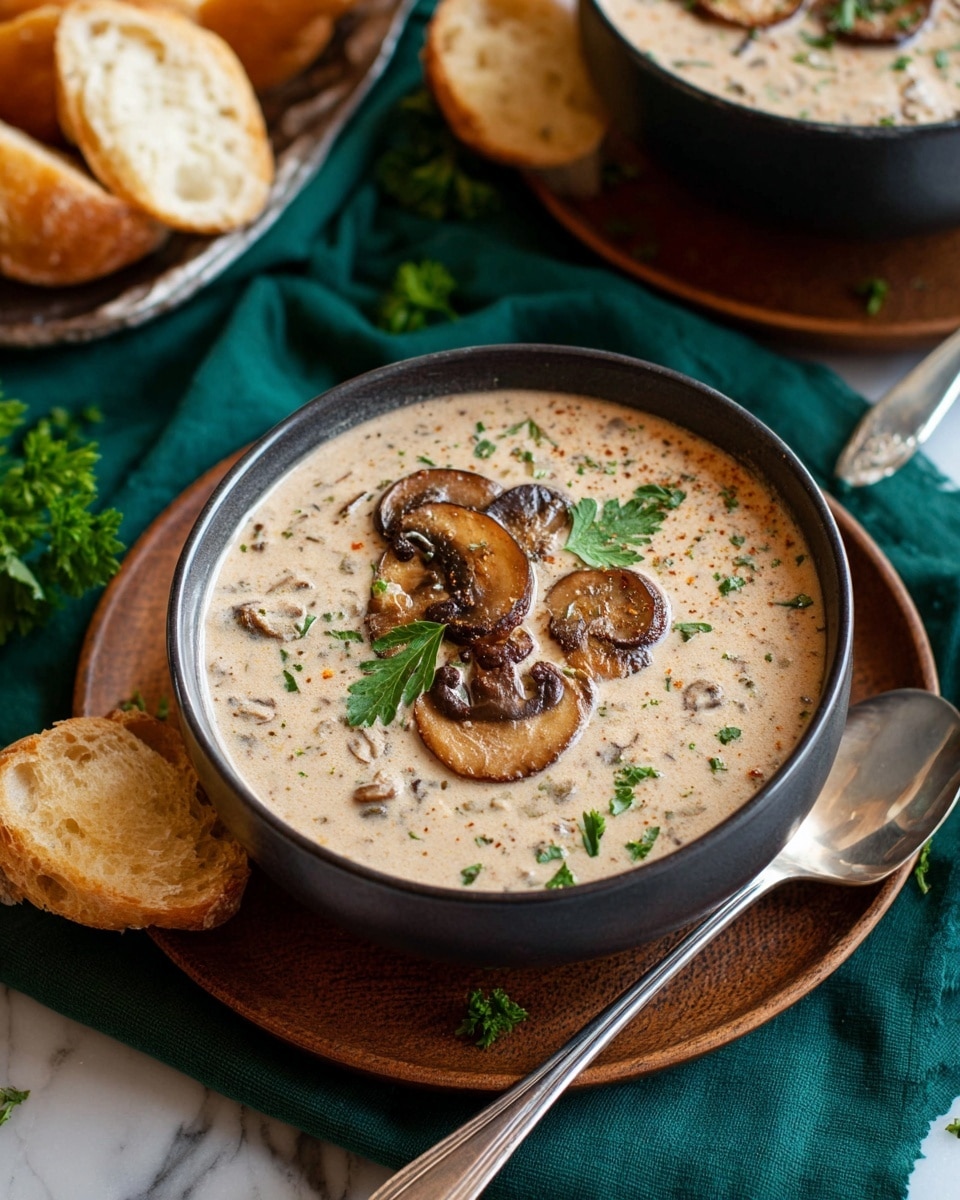 A close-up of a light brown creamy mushroom soup in a rustic speckled brown bowl, topped with several golden-brown sautéed mushroom slices and small green herb sprigs scattered on the surface. The soup has a smooth texture with small black pepper specks spread evenly. Around the bowl is a white marbled textured surface with torn pieces of sesame seed bread near the top left corner. Part of another similar bowl with soup is visible in the top right corner. photo taken with an iphone --ar 4:5 --v 7